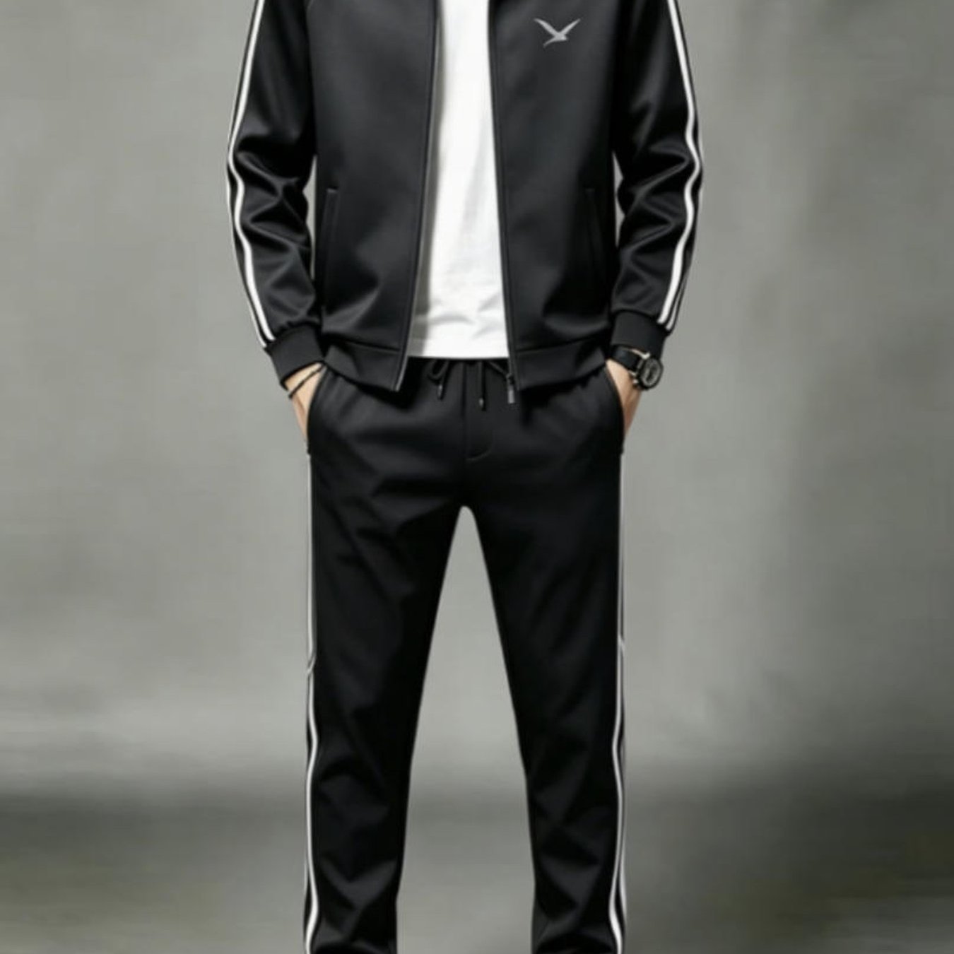Men's Fashion Style Trendy Sports Tracksuit With Seagull Graphic Side Stripe Detail Adult Male Sportswear Daily Wear Outdoor Outfit