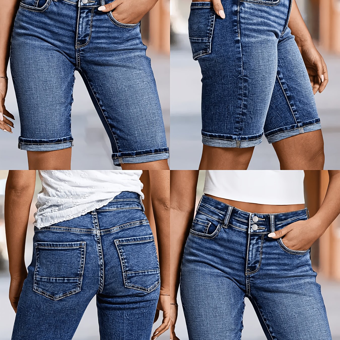 Image of Mid-rise Denim Mid-length Pants, Stylish And Casual For , Elegant Style, Machine-washable Washed Denim, Stretch Design, Women's Fashion > Women's Clothing > Women's Denim > Women's Denim Shorts