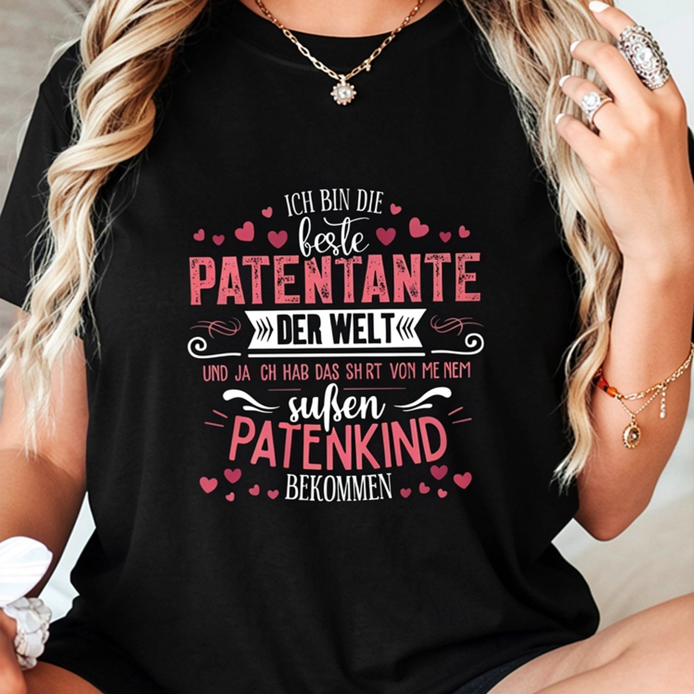 Image of German World's Best Godmother Letter Print Women's T-shirt, Short Sleeve Crew Neck Casual Top For Summer And Spring, Women's Clothing