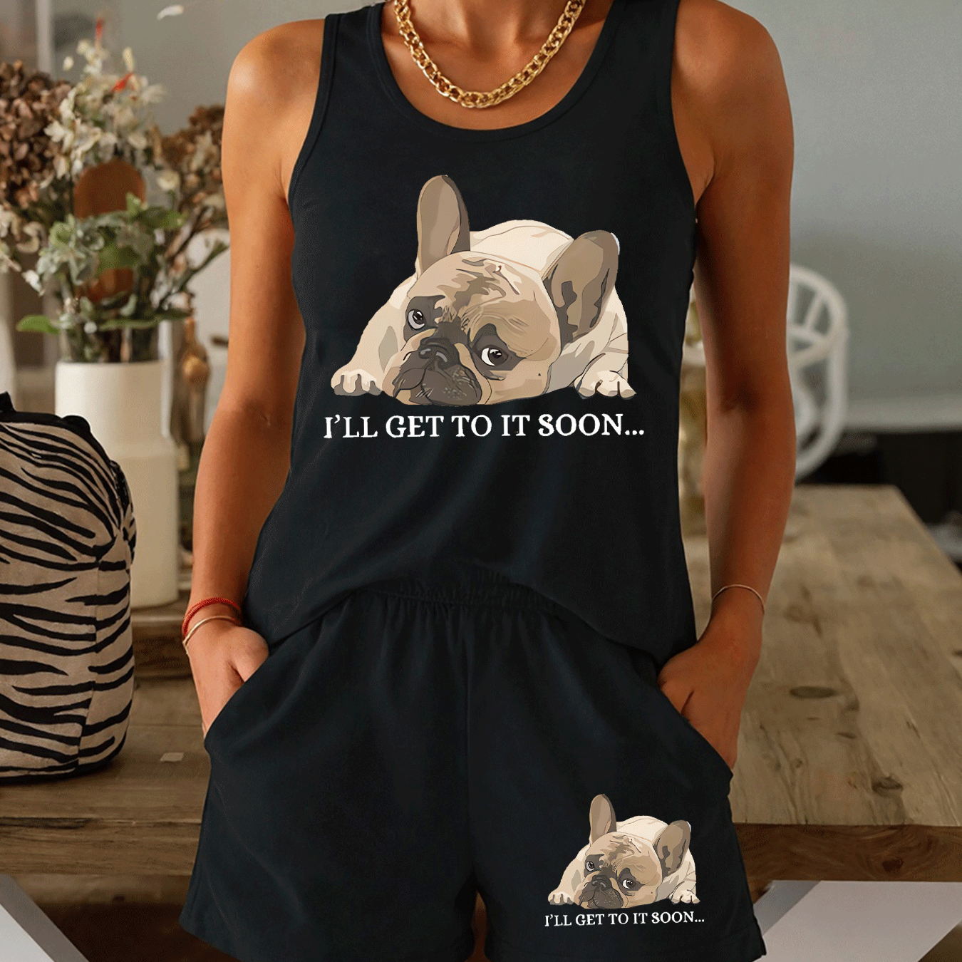 TEMU Summer French Bulldog Casual Print Outfit For Women, Featuring A Multicolored ' ' Tank Top And Shorts Set. Comfortable Ladies' Fashion Wear -