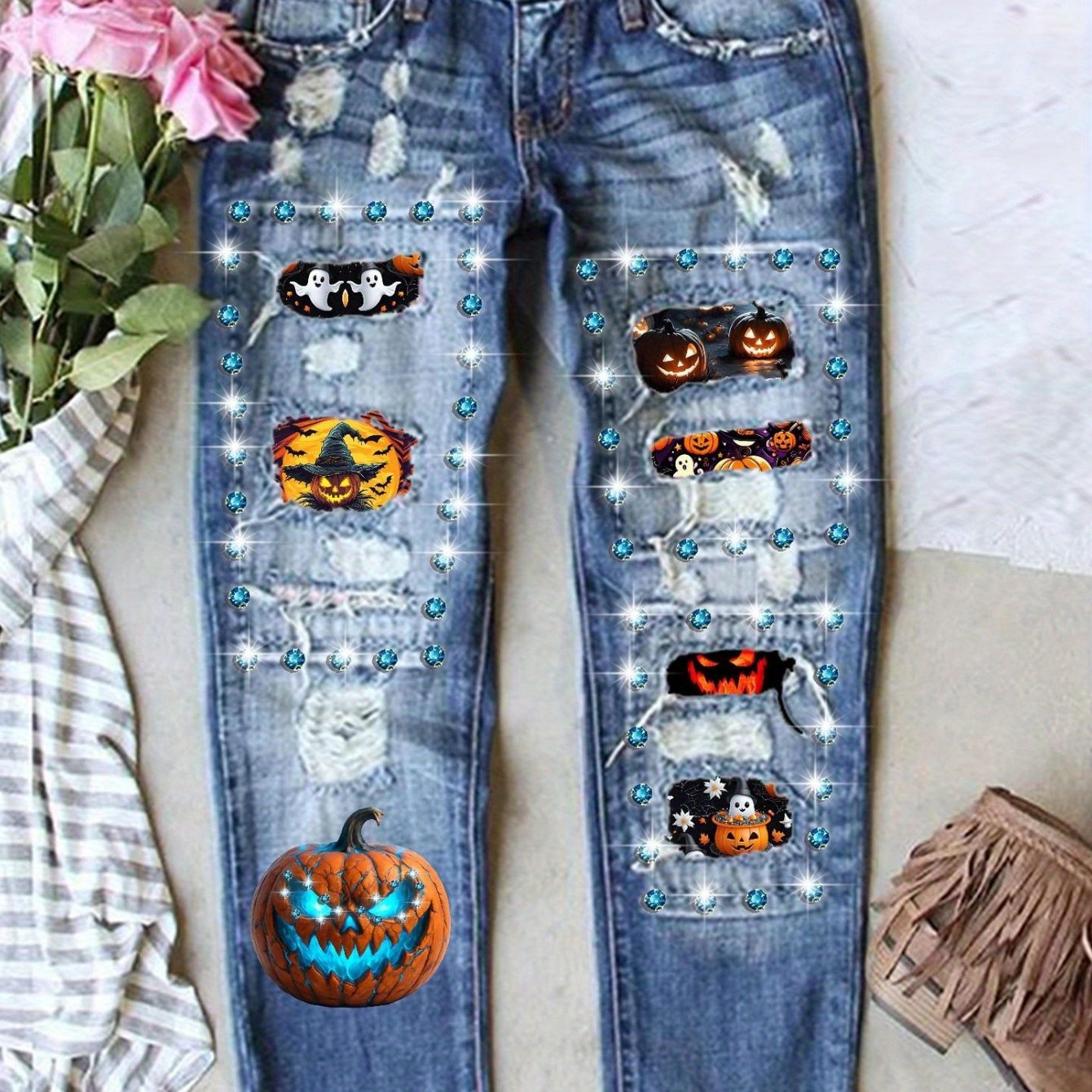 TEMU 2025 Women's Straight Loose Jeans Halloween Printed Patch Trousers Pumpkin Print, Witch Print