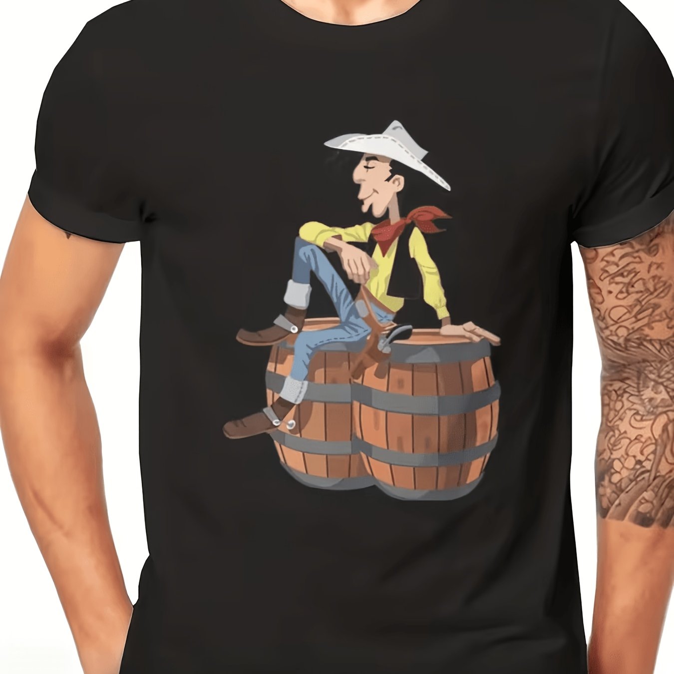 TEMU Luckysluke Suit Katokang Men's T-shirt - Featuring Ponytail Design, Perfect For Trend