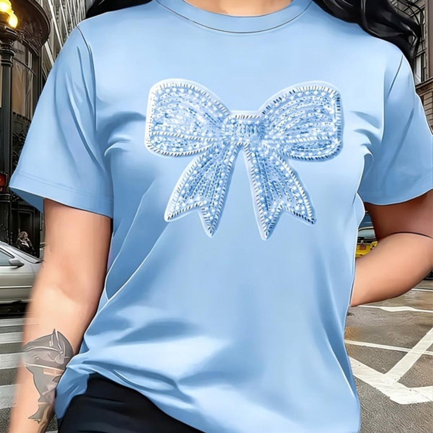 TEMU T-shirt tendance pour femme, couleur bleu Dodger, plusieurs spécifications disponibles, polyester, motif nœud , convient de rue, élégant et