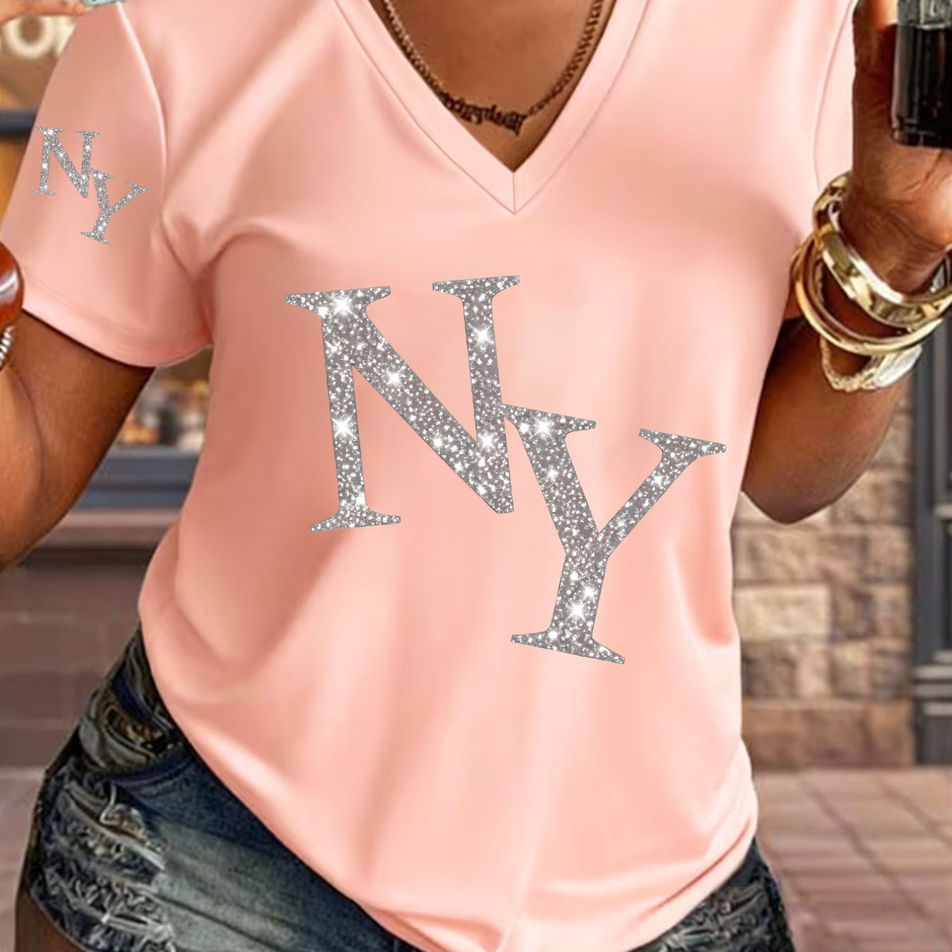 TEMU 1pc V-neck T-shirt Shimmering Ny Letter Versatile Style Summer New Y2k Style Women's Casual Athletic Wear Single Sleeve Print Elegant Daily Wear