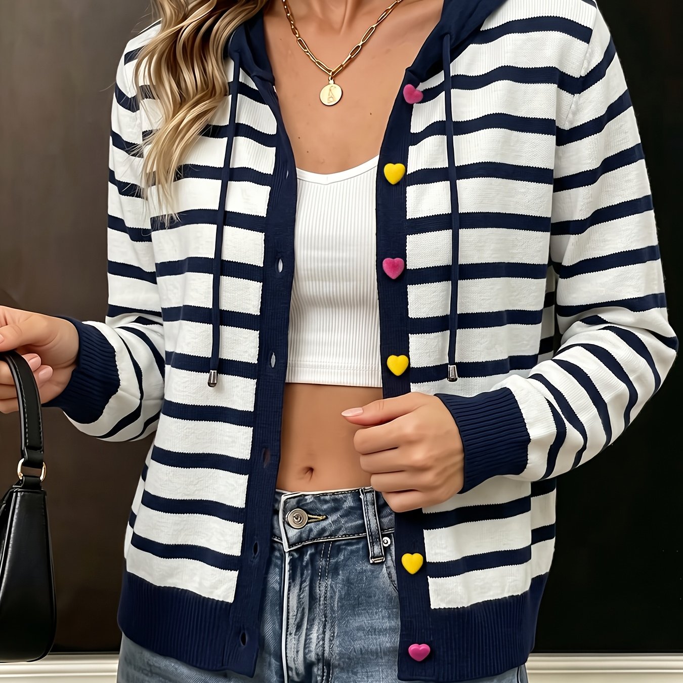 TEMU Women's Autumn Winter New Cardigan Sweater, Casual Hooded Drawstring Contrast Striped Heart-shaped Button-up Top, Daily Outing Casual Versatile