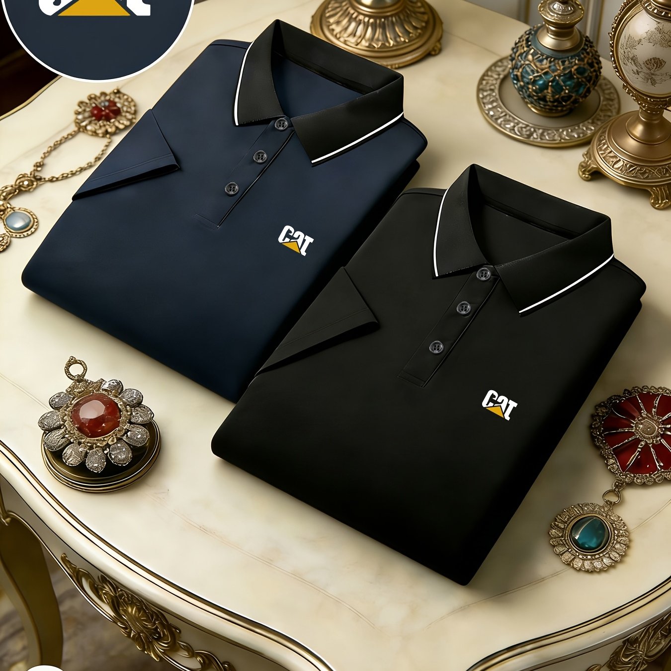 TEMU Logo Men's Quick-dry Shirt 2pcs Set | Breathable And Comfortable, Lightweight And Durable, Short-sleeve Button Design, Casual And Stylish,