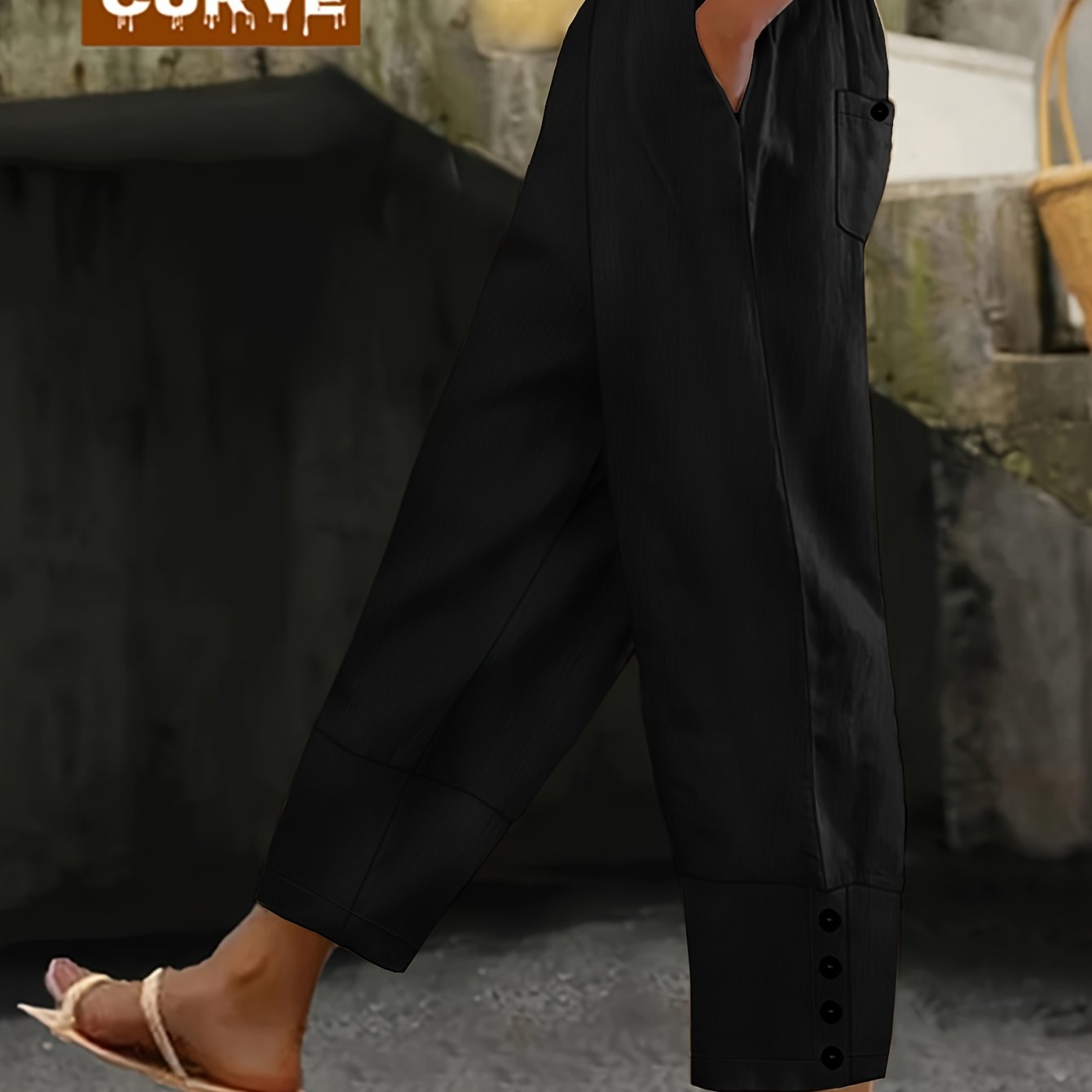 TEMU Plus Size - Spring, Summer And Autumn Large-sized Casual Trousers, Solid Color, Button Design, Elastic Waist, Pockets, Large-sized Women's Harem