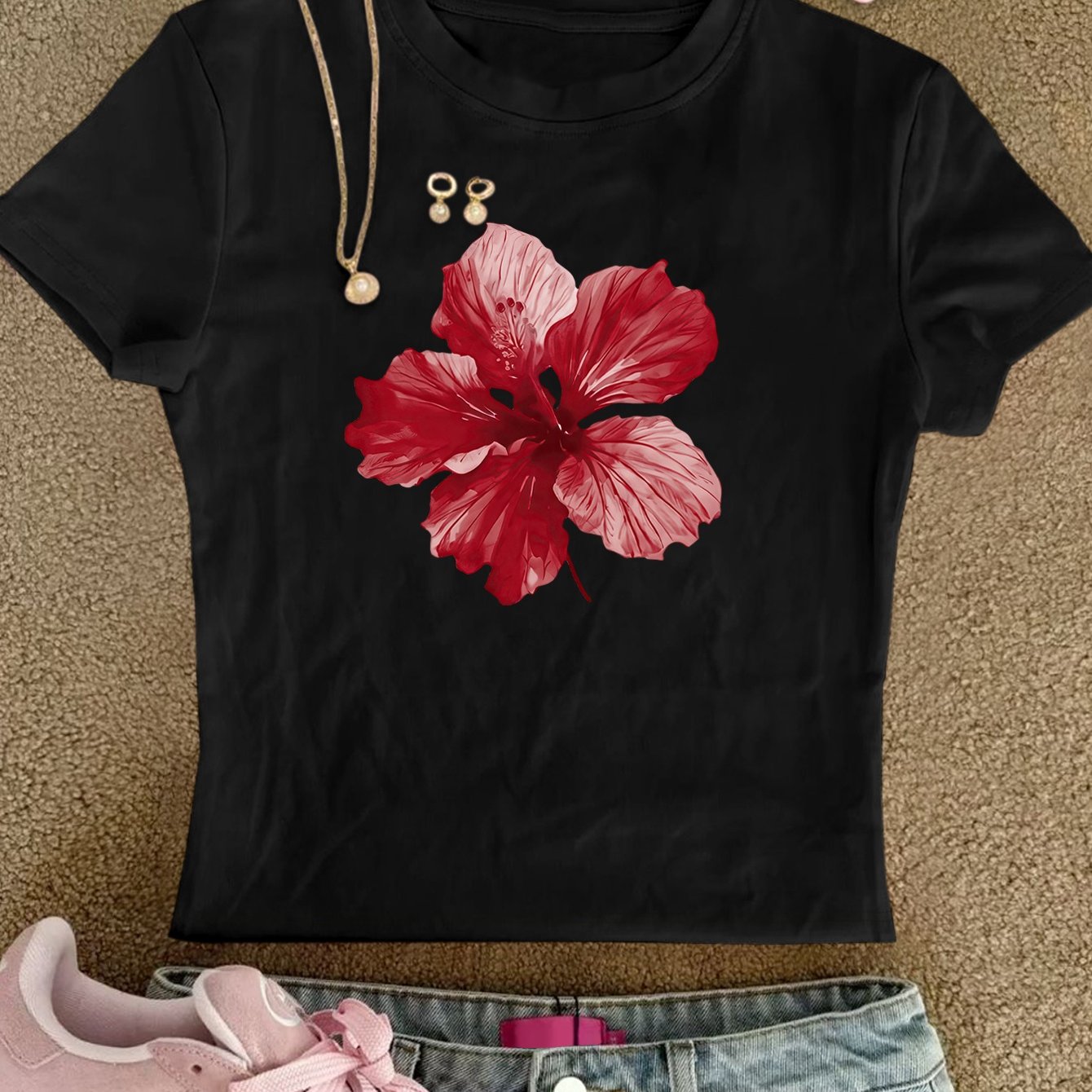 TEMU Women's Fitted T-shirt Top, Floral Print, Pure-desireamerican-style Sexy Slim-fit Cropped Short-sleevet-shirt, Summer-ready, Women's Apparel