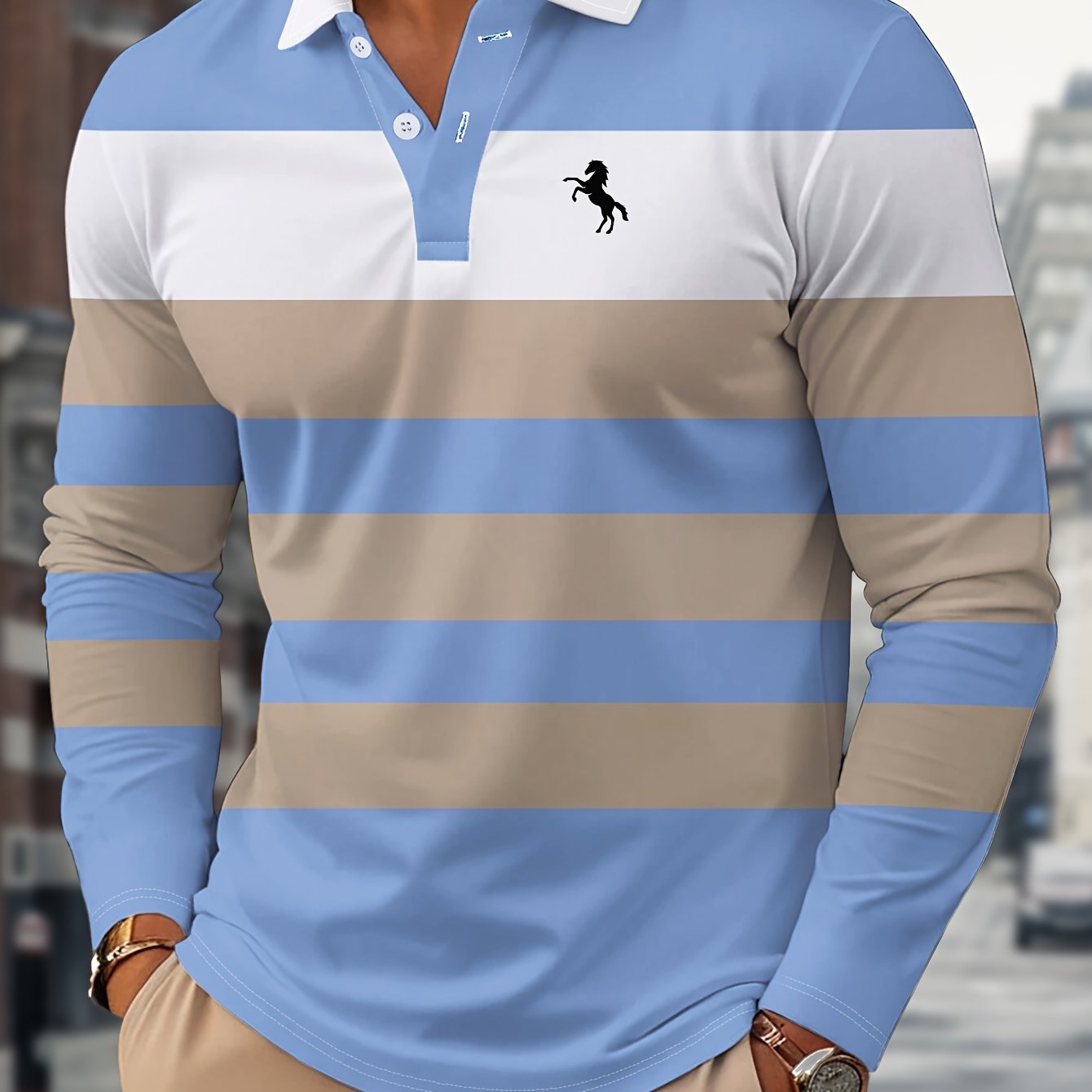 TEMU Yangsiyao 3D Digitale Print Kleurrijk Gestreept Casual Comfortabel Polo Shirt met Lange Mouwen voor Heren