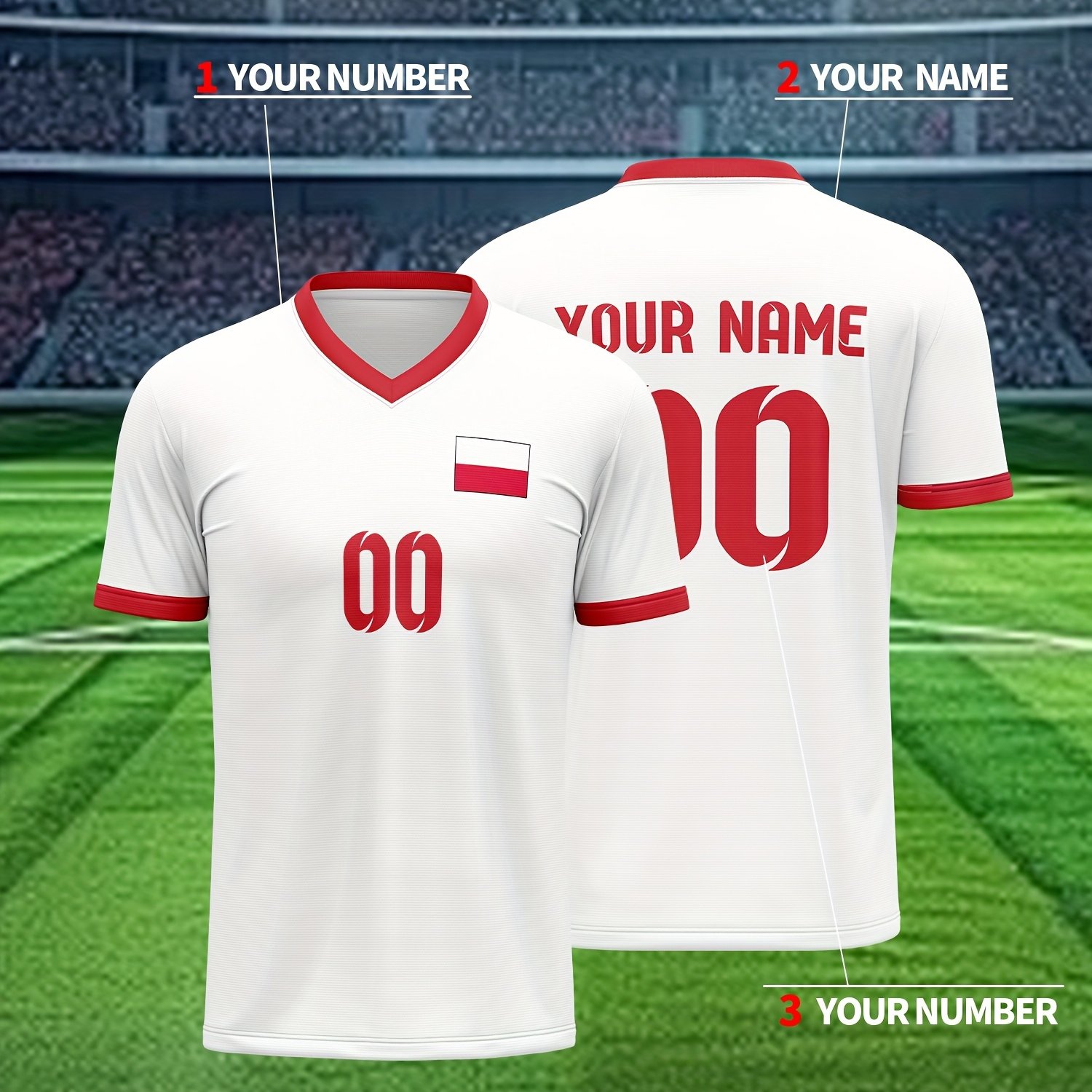 TEMU Poland Customized Own Jersey, Men's Sports Team Club Training V-neck Football Shirt With Printed On Front And Back, For Daily Casual Wear,