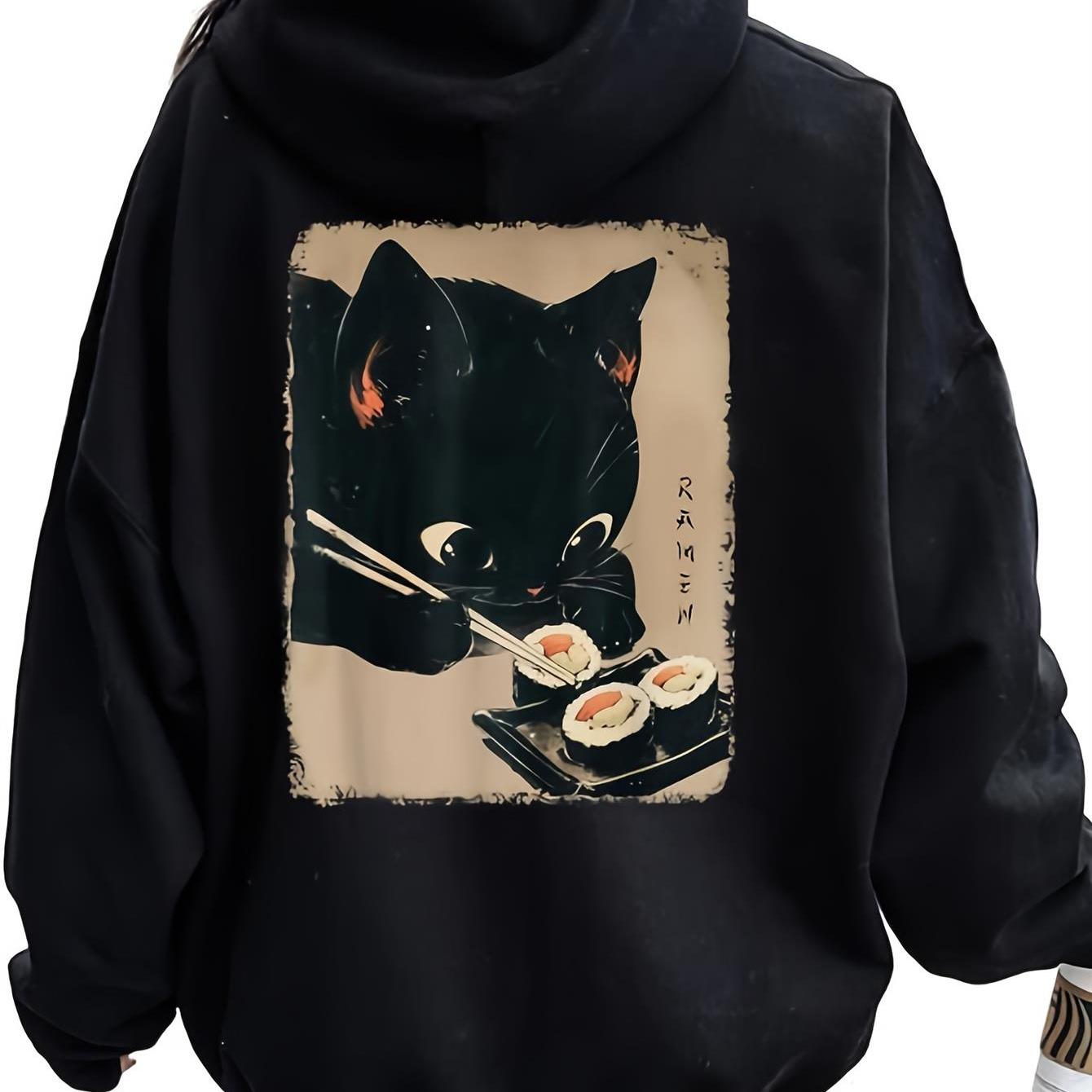 Image of Women's With Kitten Eating Sushi Back Print | Japanese Anime Coat, Oversized Hooded Pullover Hoodie, Comfortable Streetwear, Casual Outerwear Cosplay, Everyday & Themed Events, Anime Design