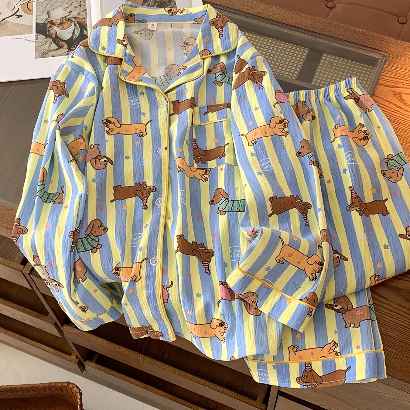 TEMU Conjunto de pijama Cloud para mujer, novedad 2025, de 2 piezas, con estampado de adorable, rayas de bloques de color y con estrellas, 2 piezas,