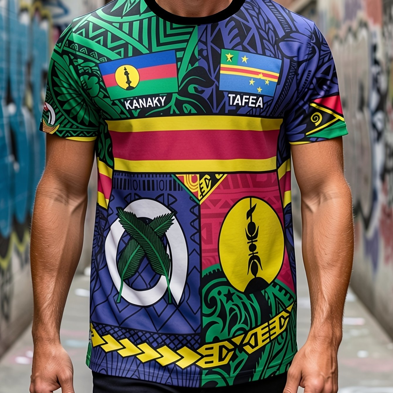 TEMU Vanuatu Men's Print T-shirt, Digital Round Neck Short Sleeve Tee