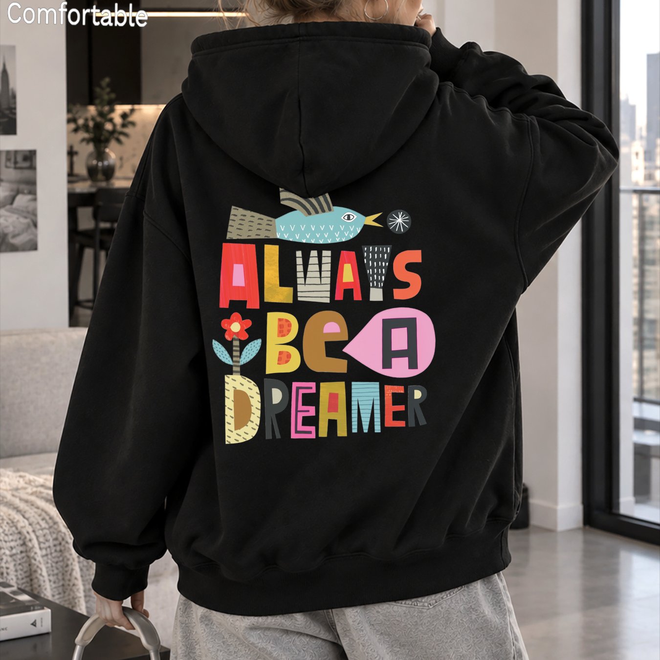 Image of Autumn Women's Fashionable Loose Drop-shoulder Hoodie With Back Colorful ' Be A ' Letter & Fish Print, Casual Streetwear For Ladies, Fall Winter Daily Wear, Casual Pocket Drawstring Pullover Jacket