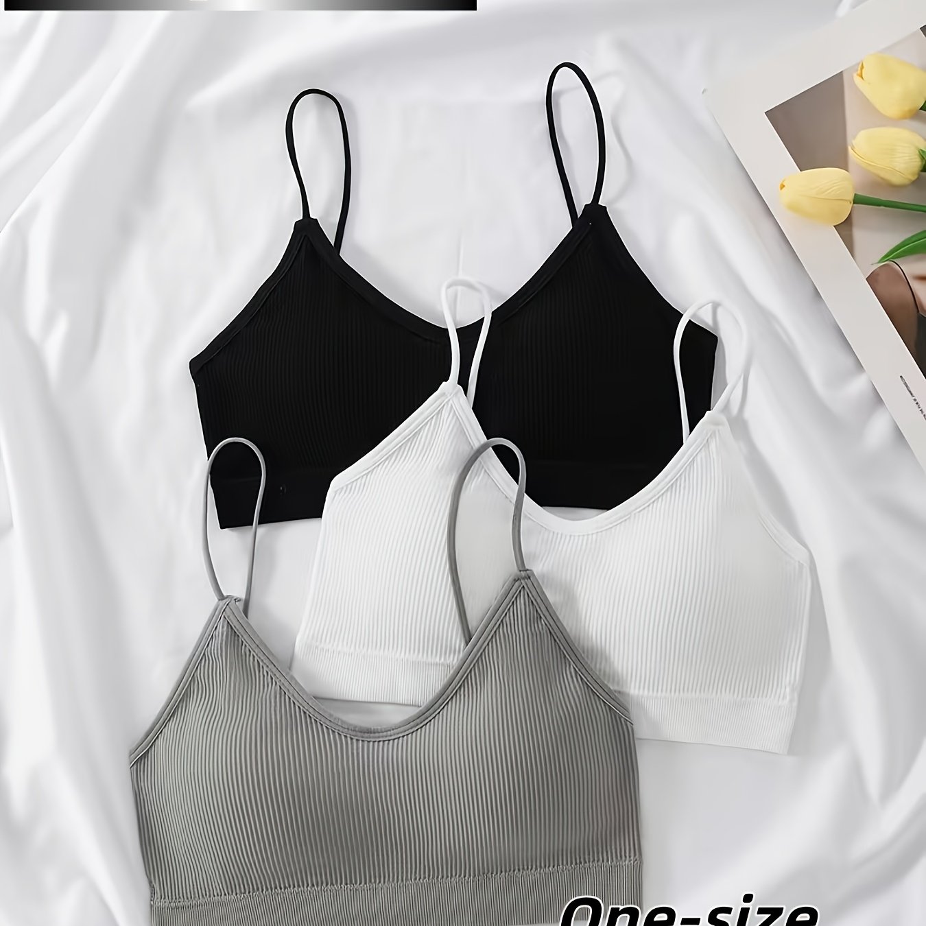 TEMU Set Of 3 Women's Gathering Camisoles, Everyday Bras In : Gray, Black, And White. Easy And Elegant, Suitable For Spring And Summer, Made Without