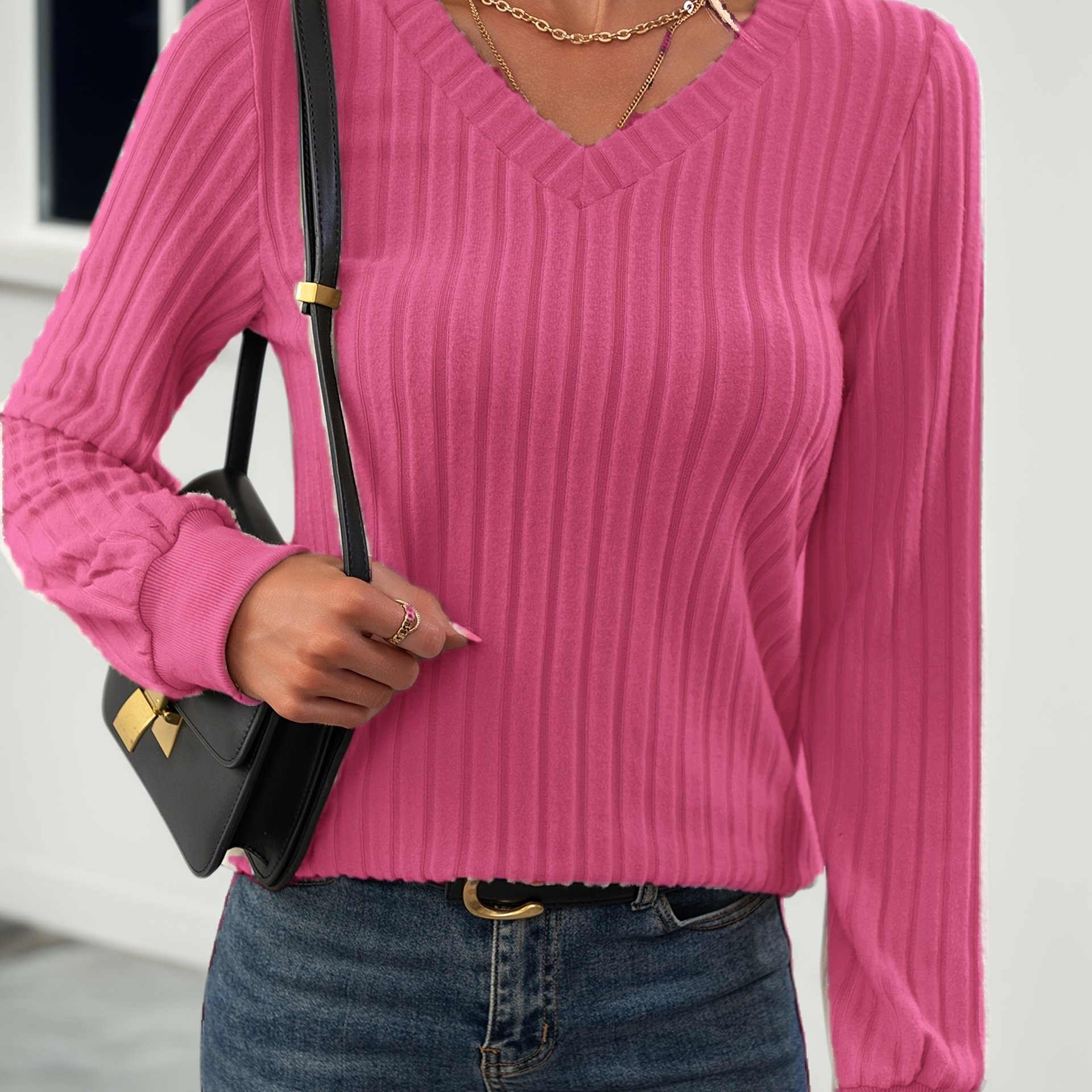 Autumn And Winter Women's V-neck Long Sleeve Solid Color V-neck Striped Sweatshirt, Fashion Texture Design
