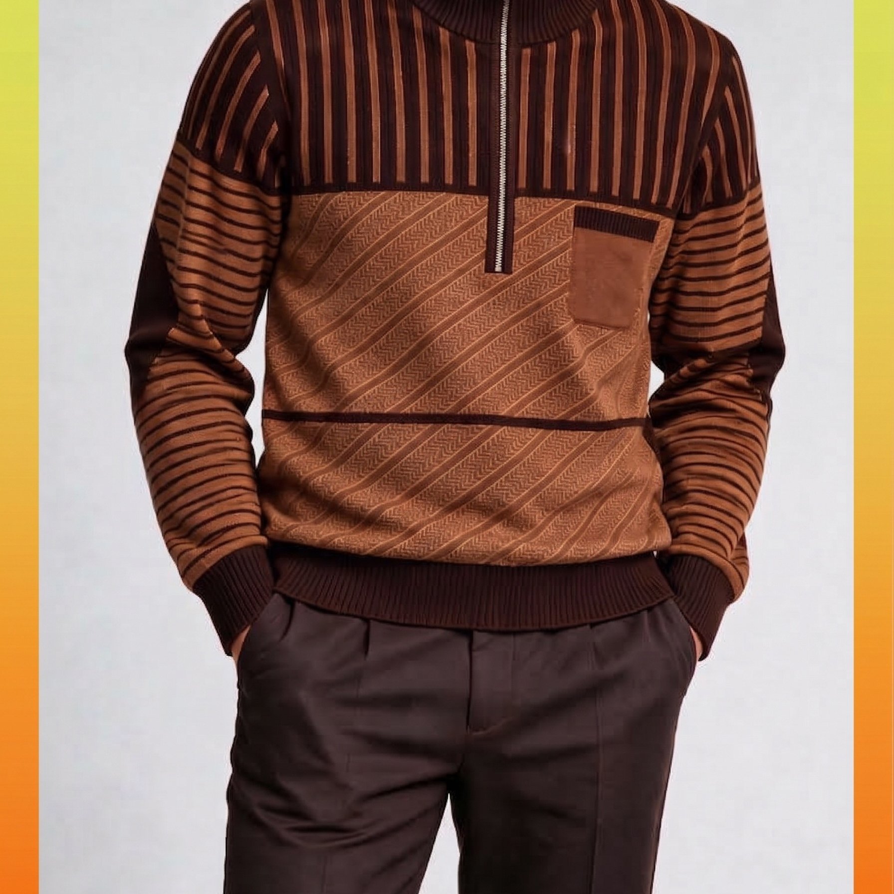 Image of Aw26 Gift 's Half-zip High Collar Knit Pullover Sweater, Retro British Literary Style, Versatile , Machine Washable, Color Horizontal And Vertical Stripe Print Pattern, Suitable For Daily