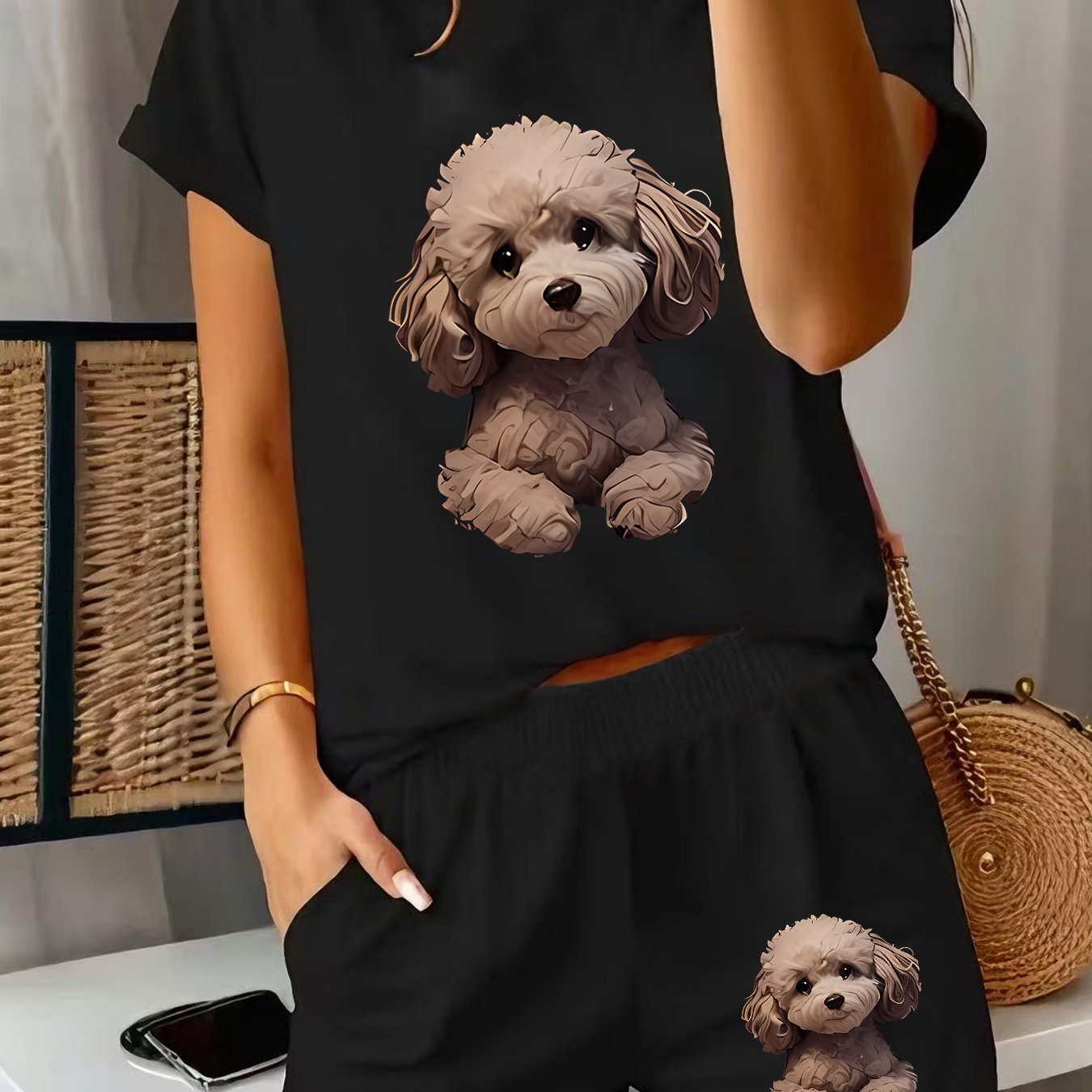 TEMU 2pcs Women's Spring Short-sleeve Set - Cute Printed Short-sleeve And Shorts Outfit, Comfortable, Soft, Breathable Sportswear For Daily Wear,