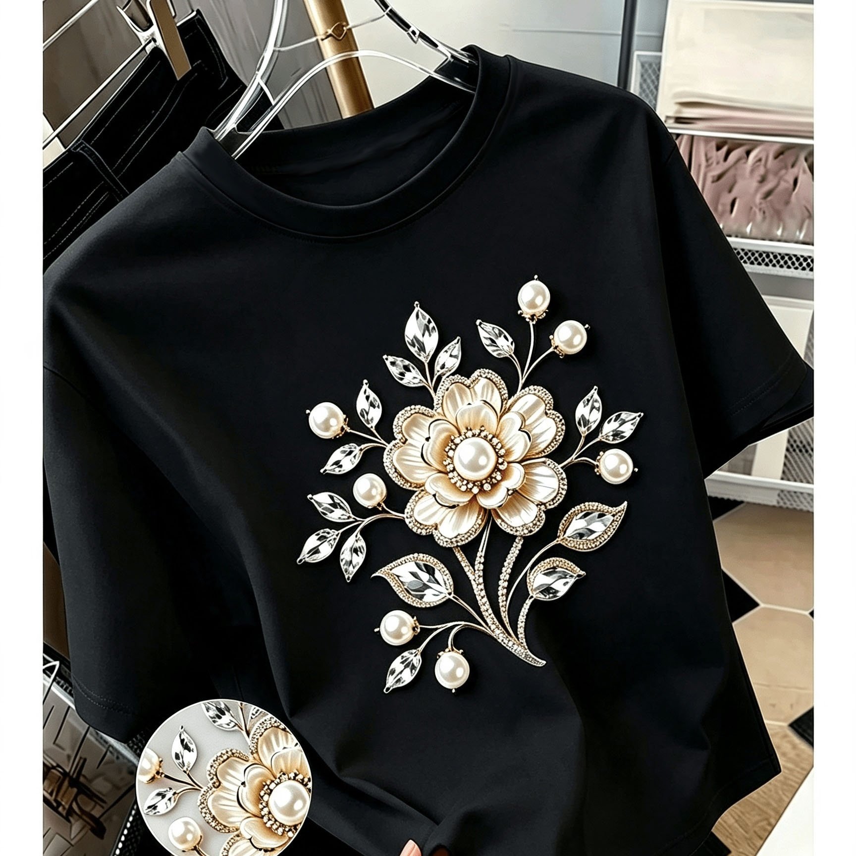 TEMU [printed Design-not Textured], Women's Round Neck Short Sleeve T-shirt, Exquisite Pearl And Rhinestone , Multiple Specifications , Elegant Daily