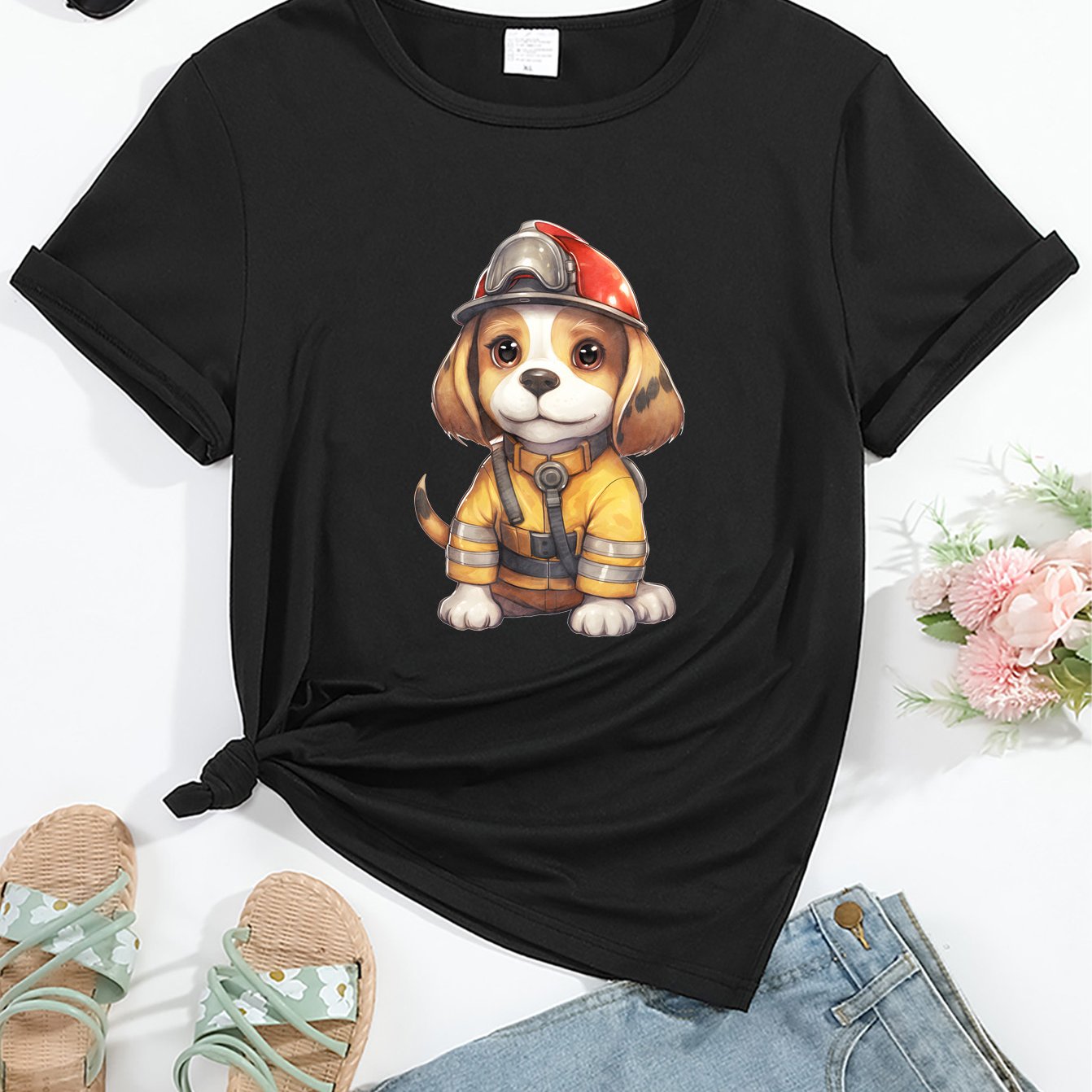 TEMU 1pc Women's Casual Crew Neck T-shirt With Cute Firefighter Dog Print, Polyester Knit Fabric With Stretch, Fit Tee