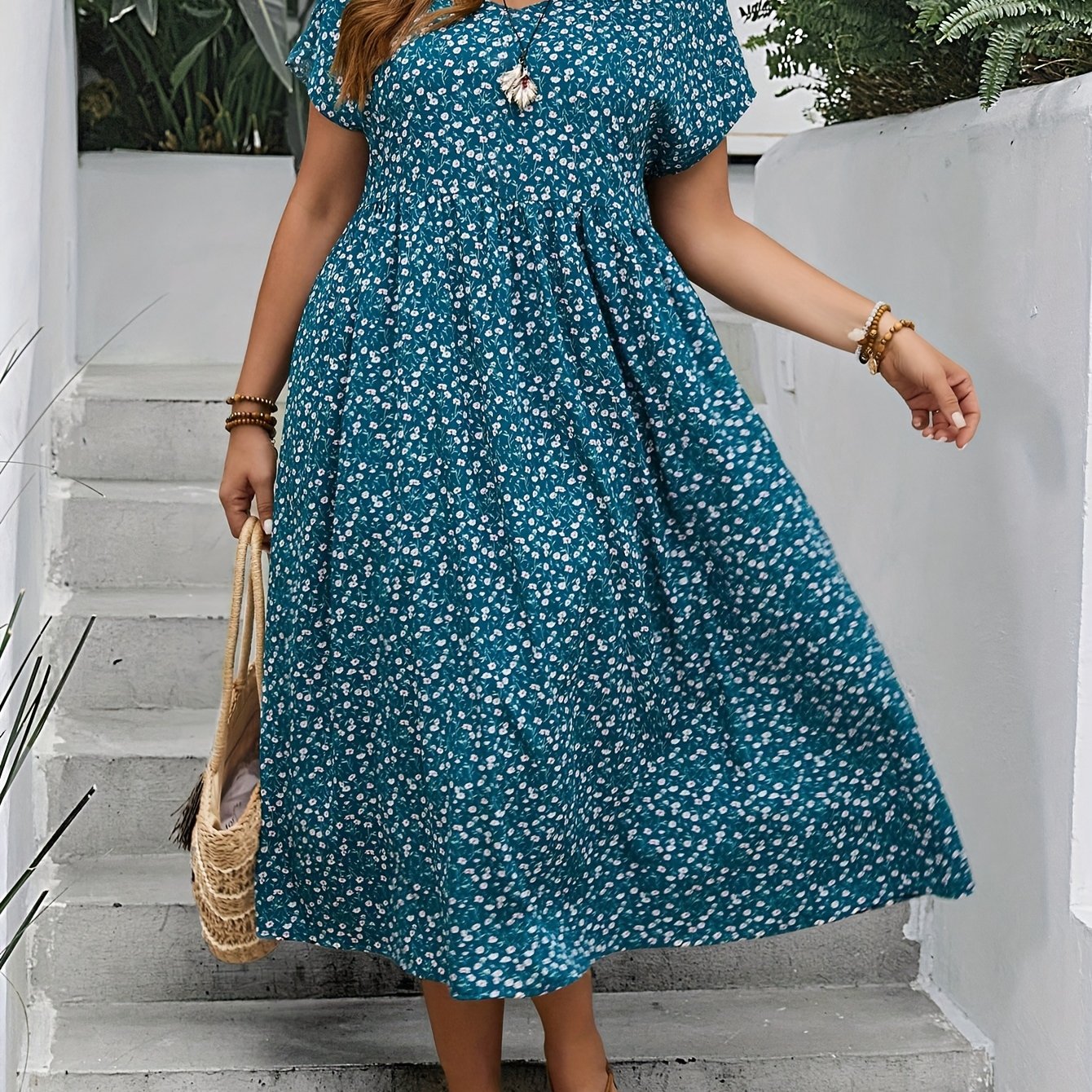 TEMU Cross-border Plus Size Women's Printed Short Sleeve Dress