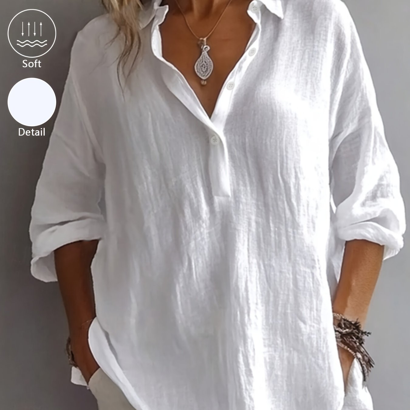 Image of Women's Elegant Classic 100% Solid Color Collar 3/4 Sleeve Blouse, Wear Fashion Versatile 3/4 Sleeve Daily Outing Office Essential Top