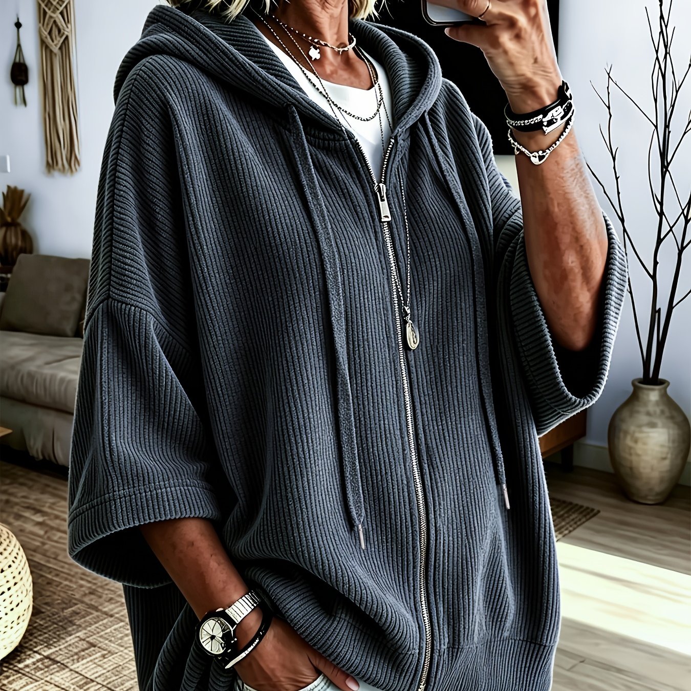 TEMU Plus Size, Women's Plus Size Corduroy Casual Drawstring Hooded Sweatshirt Top, Classic Versatile Hooded Top Elegant Women's Jacket, Loose Fit