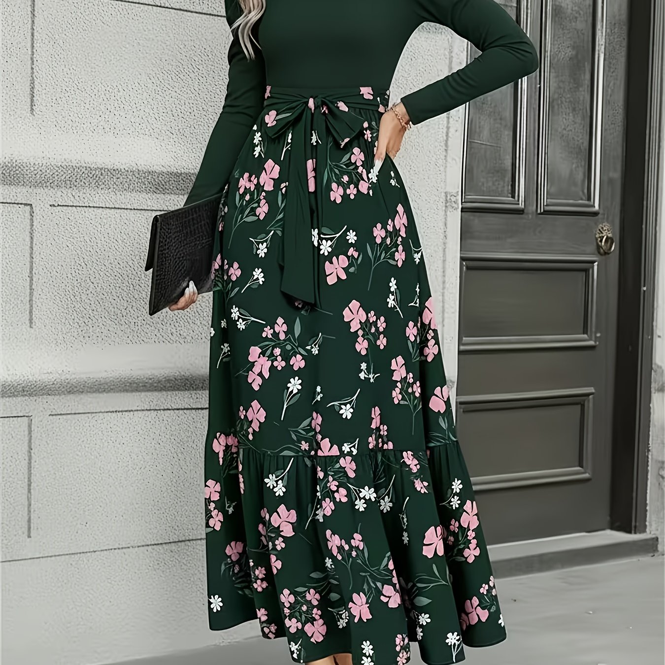 Military Green Pink Floral Lace Up Long Skirt For Women | Retro Elegant Style, Suitable For Daily , Light Socializing, And Small