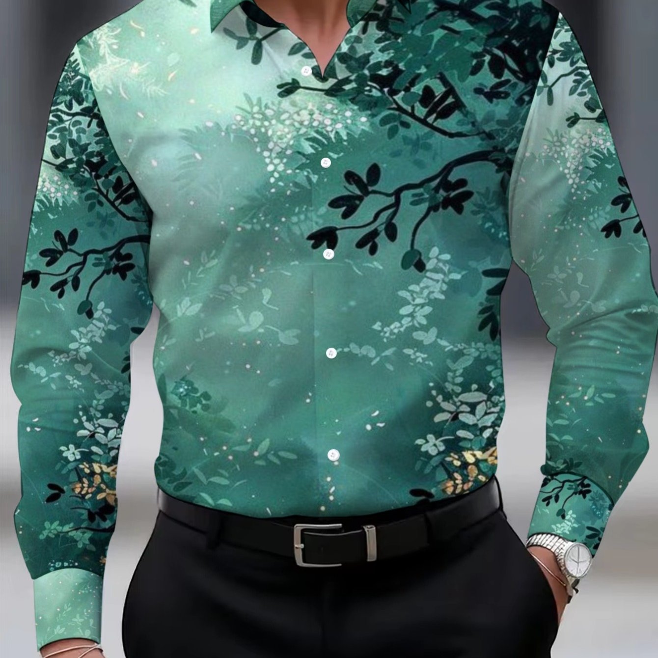 TEMU Elegant Green Floral Print Dress Shirt For Men, Lightweight And Breathable, Perfect For Office, Casual , And Formal Events, Stylish Design With