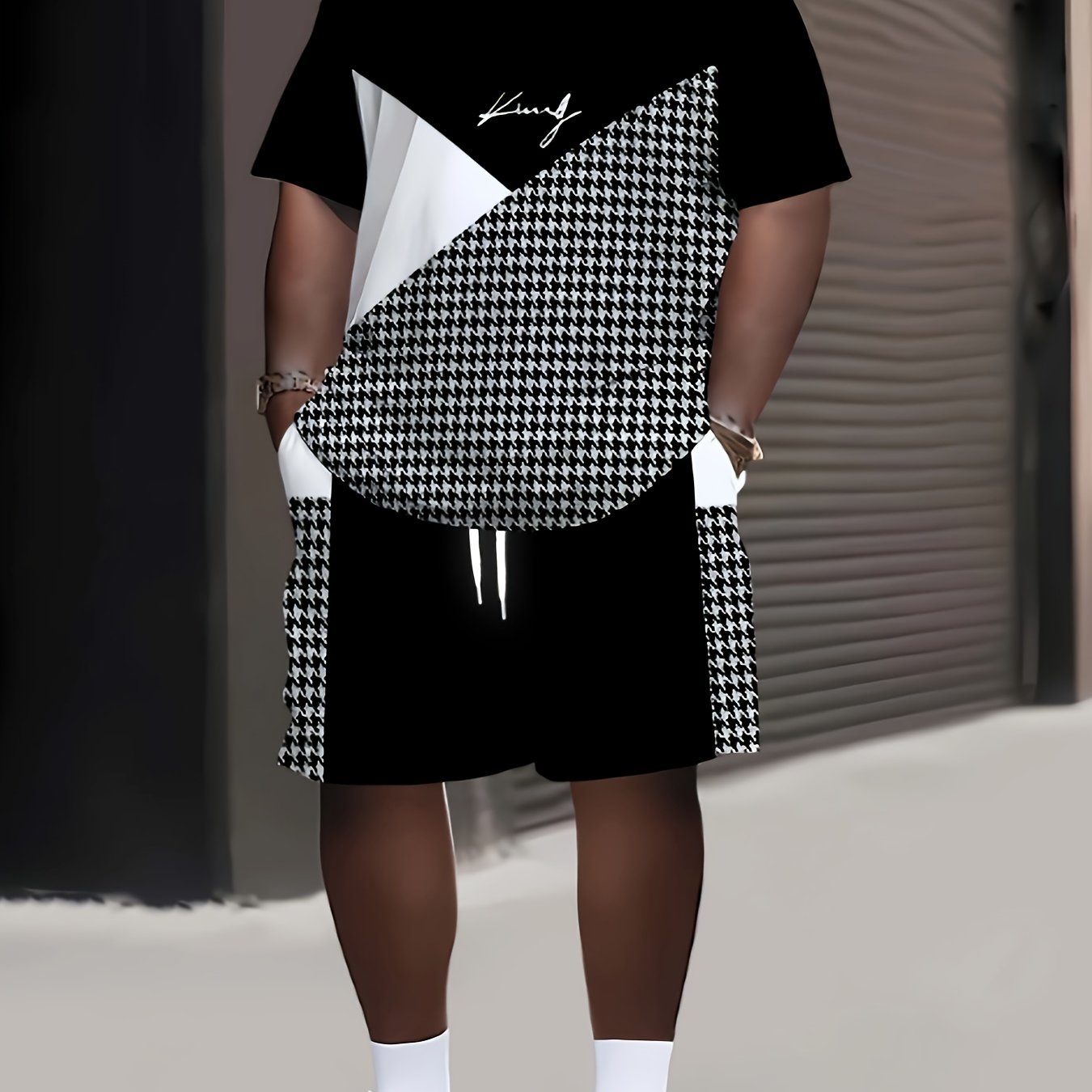 TEMU Plus Size 2pcs Men's 'king' Letter Print Plaid Short Sleeve T-shirt And Drawstring Shorts Set Casual Set Suitable For Summer Outdoor Wear
