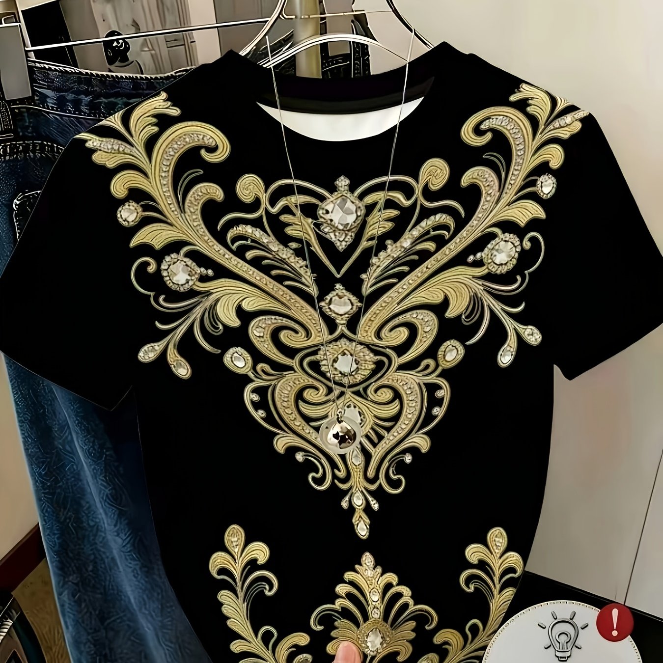 TEMU Women's Summer Short Sleeve T-shirt With Rhinestone Court Embroidery & Full- Print - -compatible For Casual To Dressy Outfits Suitable For