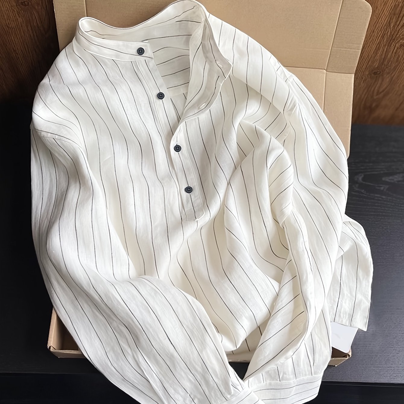 E-shop Herren Langarmhemd mit Stehkragen aus Leinen – Bequem Casual