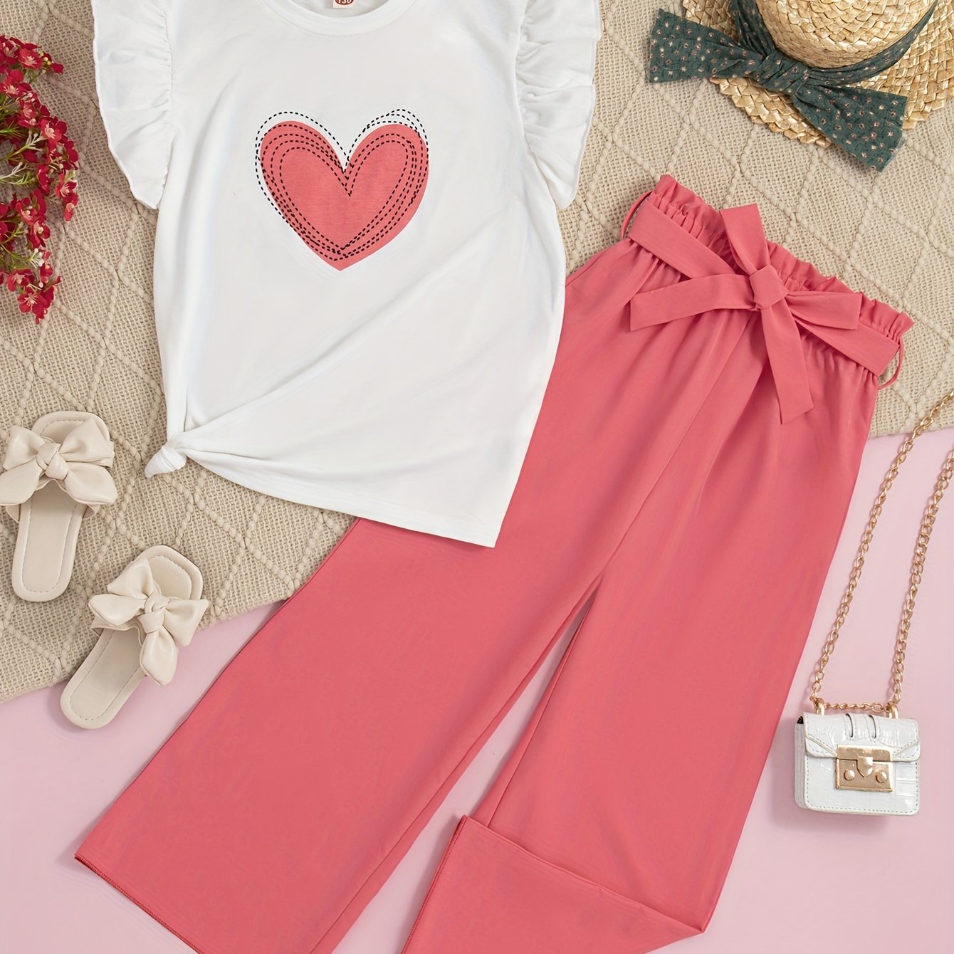 Image of Teen Girls' Summer Casual Outing Round Neck Sleeveless Ruffle Design Printed Heart Pattern Regular Top And Long Pants Two-piece Set With Belt, Perfect For Outdoor