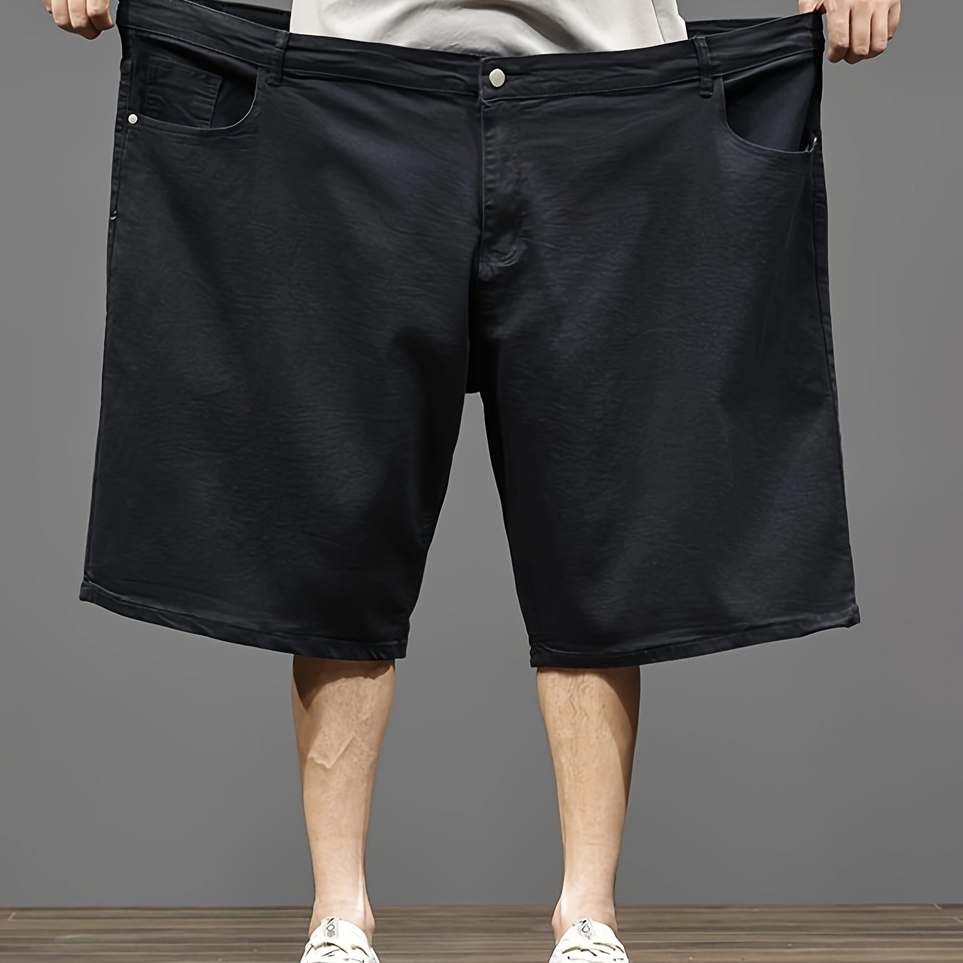 Plus Size Men's Black Stretch Denim Shorts, Summer Loose Straight Leg Big & Tall Casual Five- Shorts, Plus Size