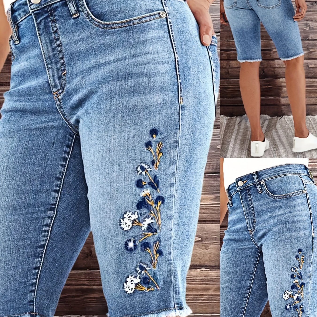 Image of Mid-waist Street , Front Embroidery Design, At The Hem, Slim Fit Elastic Version, Washed Denim, Women's -quarter Pants, Women's Denim Shorts