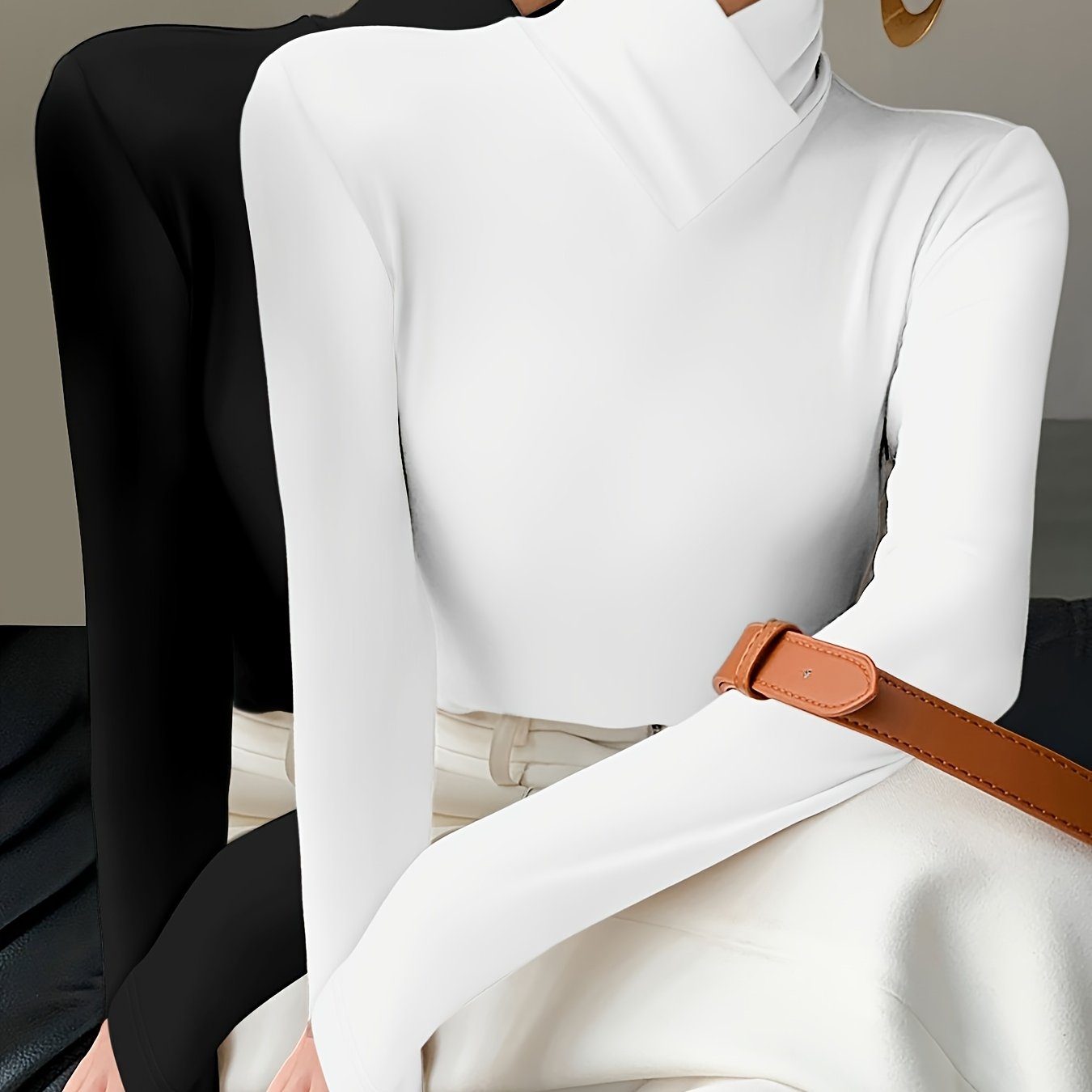 [bk042453] 2pcs Women's High-neck Long Sleeve T-shirt Set