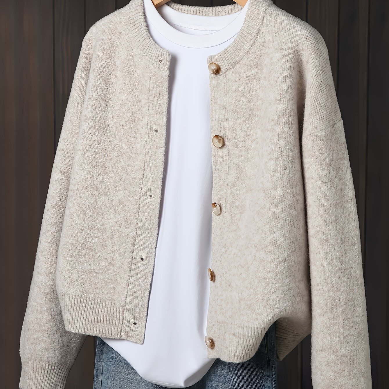 E-shop Damen Beige Cardigan, Weiche Langarmjacke mit Knopfleiste für Herbst Winter – Casual & Formal Tragbarer Bequemer Dicker Mantel Locker Sitzender