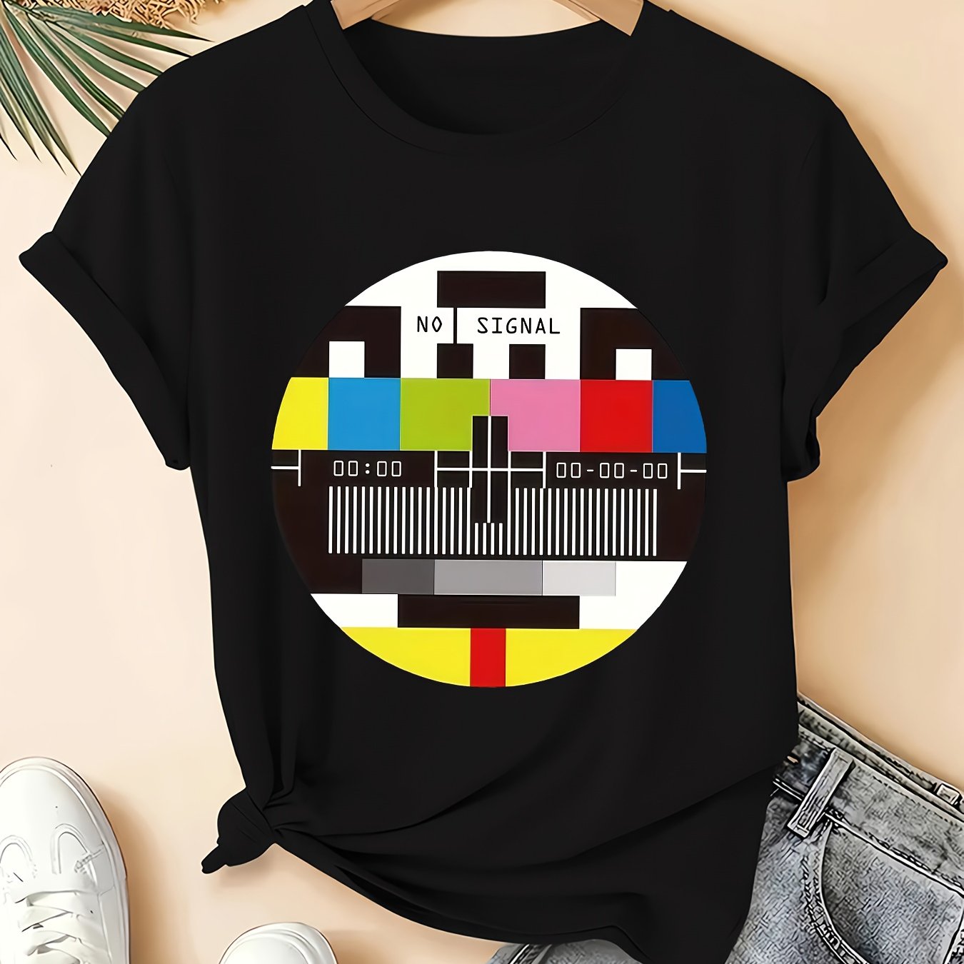 TEMU Plus Size Women's Block Short Sleeve T-shirt Featuring A Easy Design Tv Test Patterns, With A Round Neck, , And A Cute Look. Fashionable For