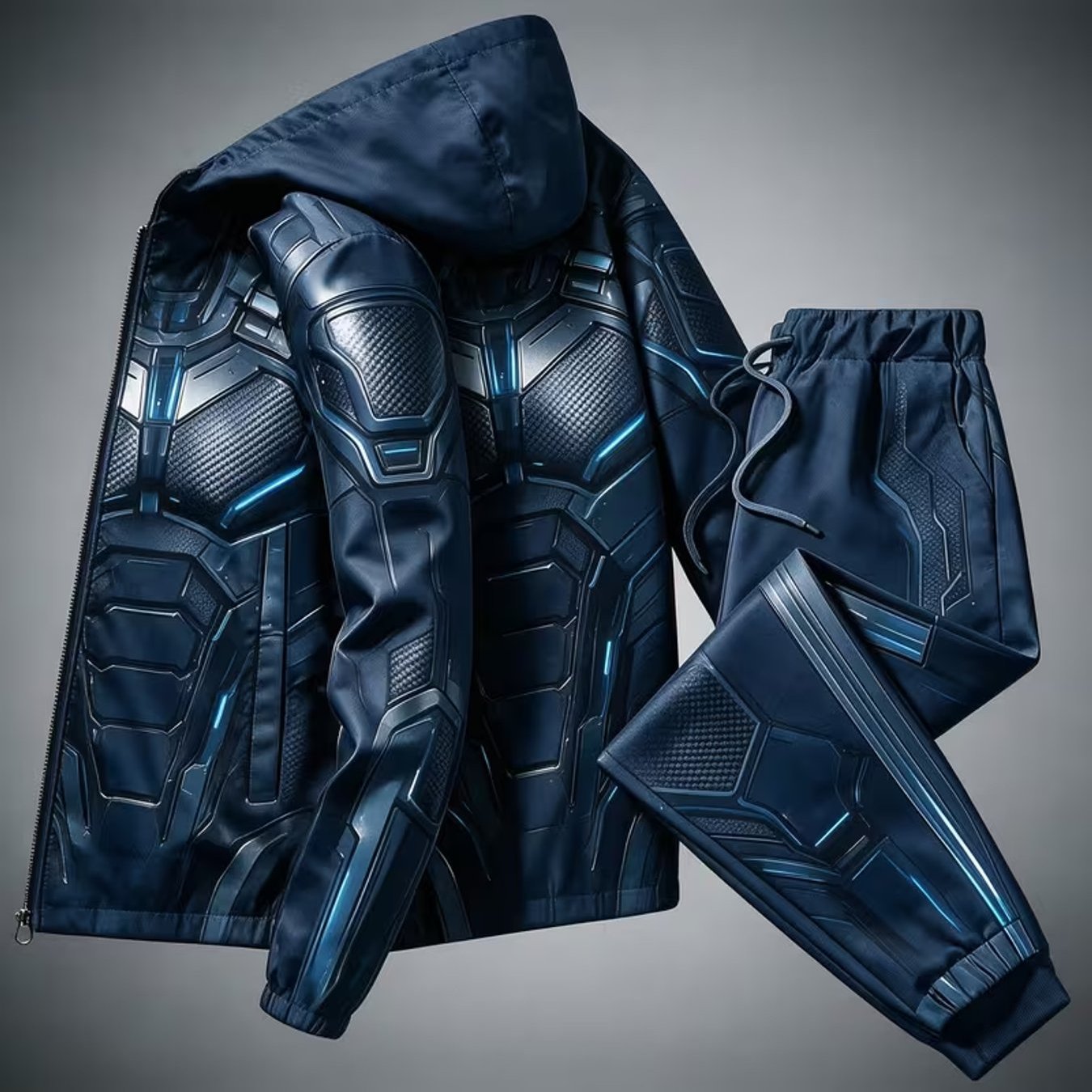Image of Men's Hooded Suit, Street Style Armor Textured Jacket Pants Suit, Adult Men's Casual Sportswear, Autumn Trend
