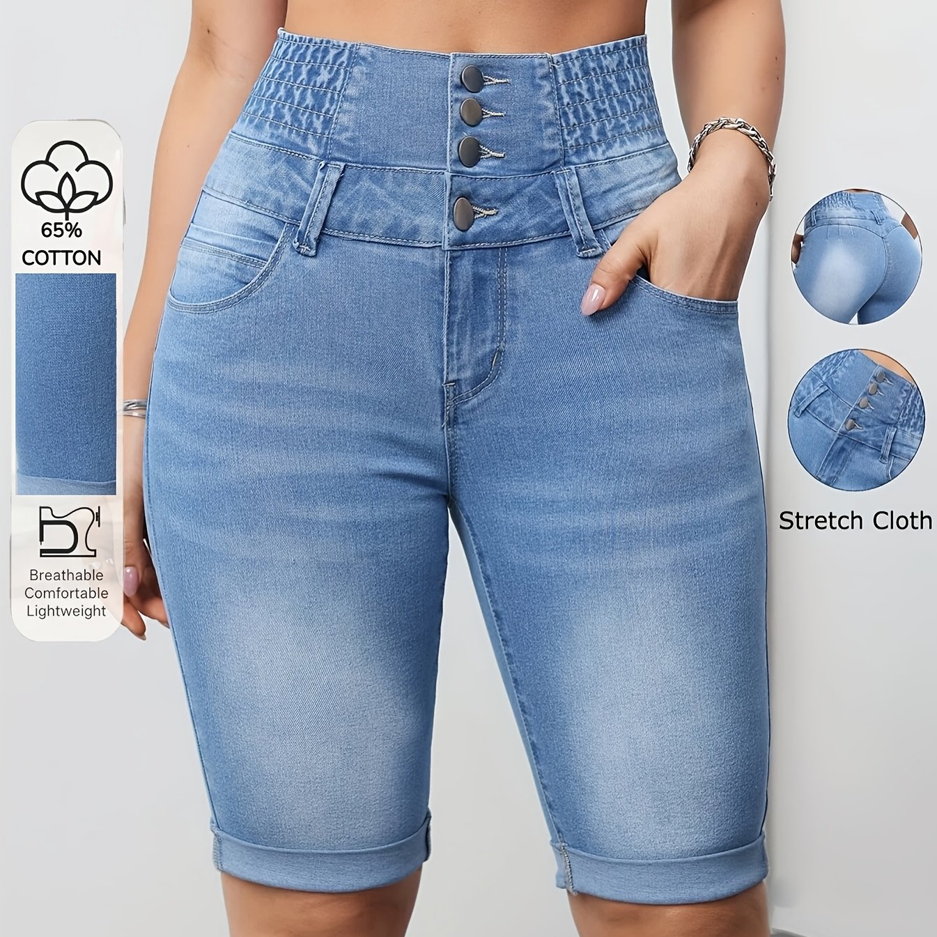1 High-waisted Flared Hem Bermuda Denim Shorts With Lift And Stitched Design