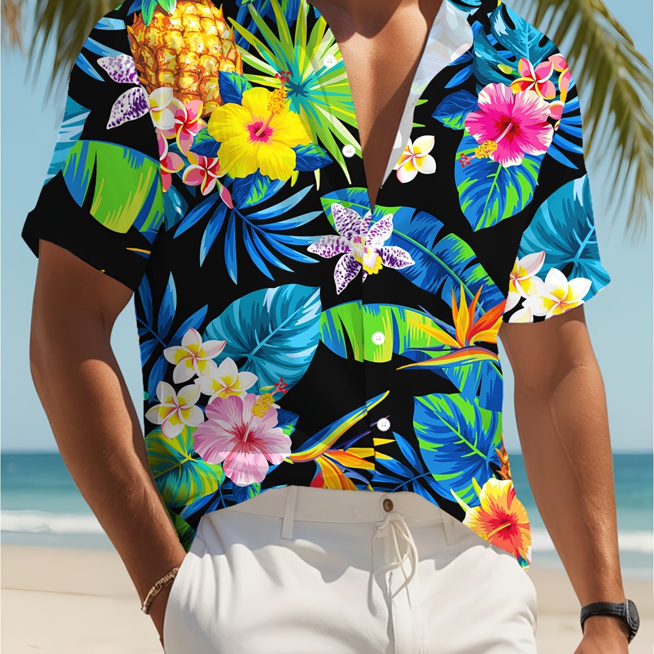 E-shop Herren-Hawaii-Hemd, Unisex Sommer-Strand-Freizeit-Kurzarm-Hemd mit Knopfleiste, Kleidung mit Palmen-Schatten-Druck
