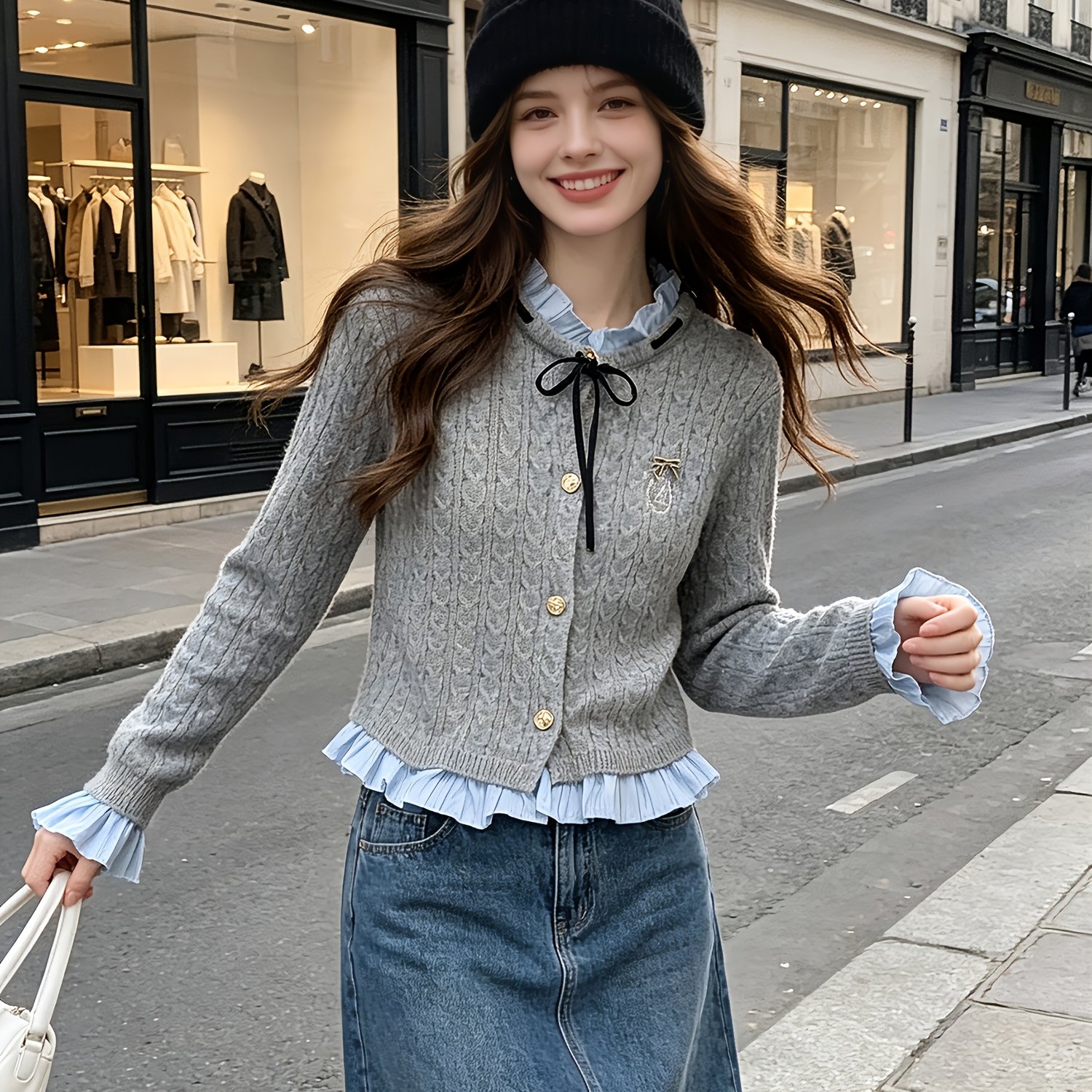 TEMU Korean Preppy Style Age-reducing Fake Two-piece Sweater, Fashionable Retro Women's Clothing With Bow Embroidery And Cable, Versatile Long Sleeve