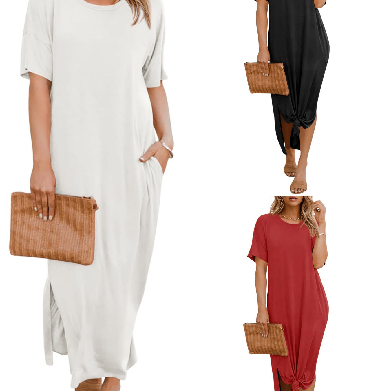 Image of Women' Spring Summer T Shirt Dress Casual Drop Shoulder Round Neck Maxi Dresses Loose Side Slit Midi Dress With Pockets