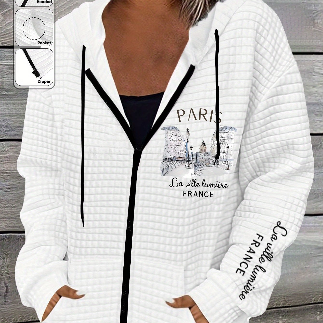 TEMU Paris Street Printed Jacket, Hooded Long Sleeve Kangaroo Pocket Casual Top, Autumn And Winter Women's Clothing