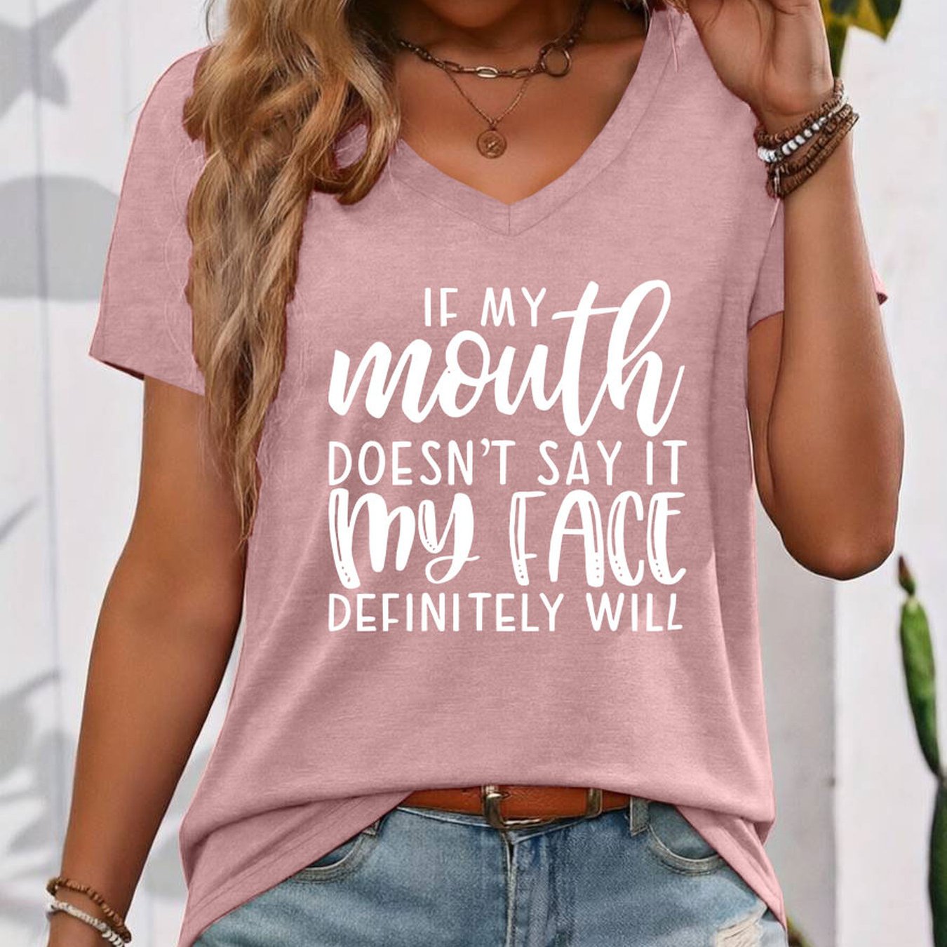 TEMU Plus Size, Women's V-neck Loose Short-sleeve T-shirt With Slogan Print, Relaxed Attitude Style Versatile Women's Top, Breathable And