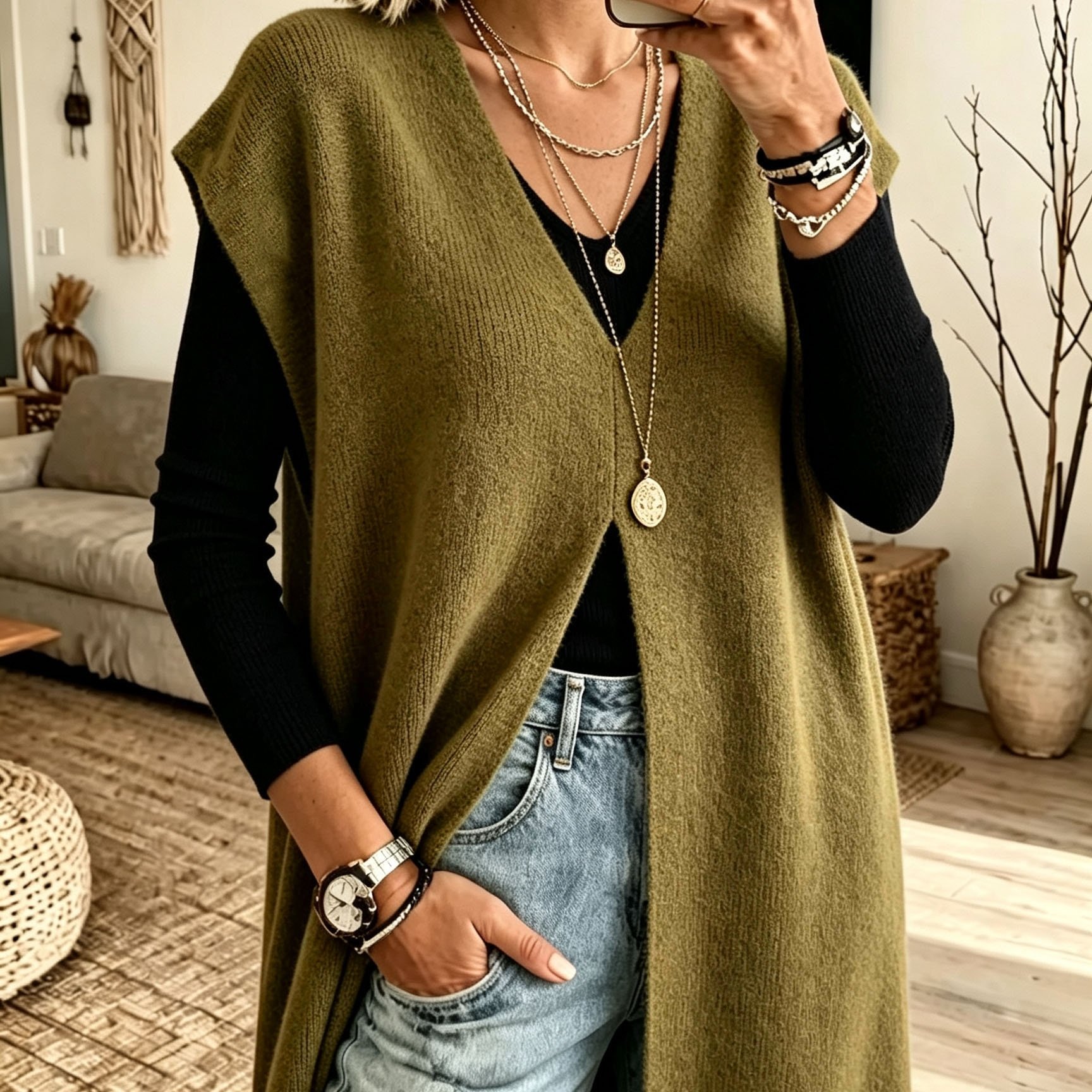 TEMU Nouveau pull-over d'extérieur long à fente et col en V pour femme, couleur unie, tendance, élégant et de tempérament, pour /hiver
