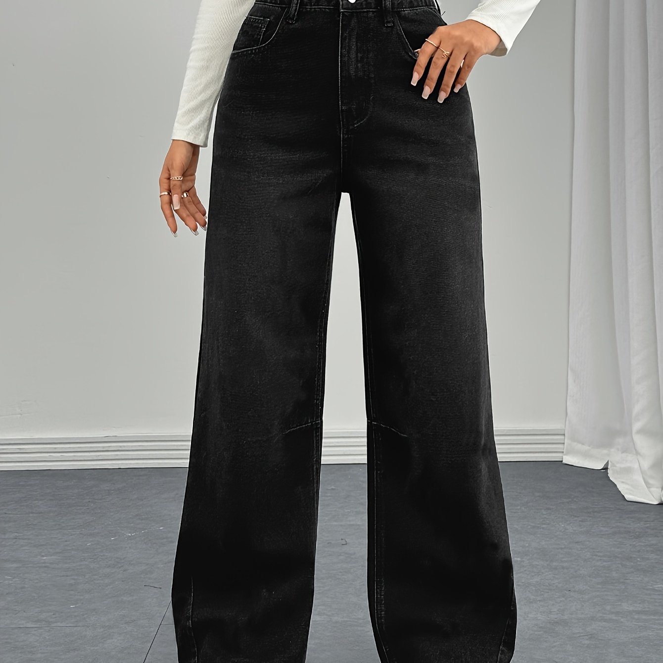 Women's Wide-leg Relaxed Fit Non-stretch Denim Pants With Side Pockets