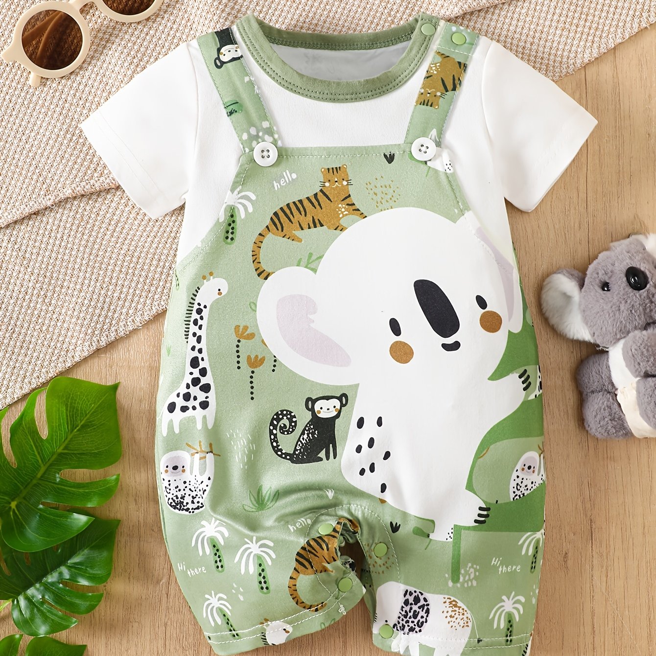 Image of Summer Unisex Baby Cartoon Animal Koala Pattern Overalls Fake Two-piece Infant Short Sleeve Romper, For Outdoor, Halloween