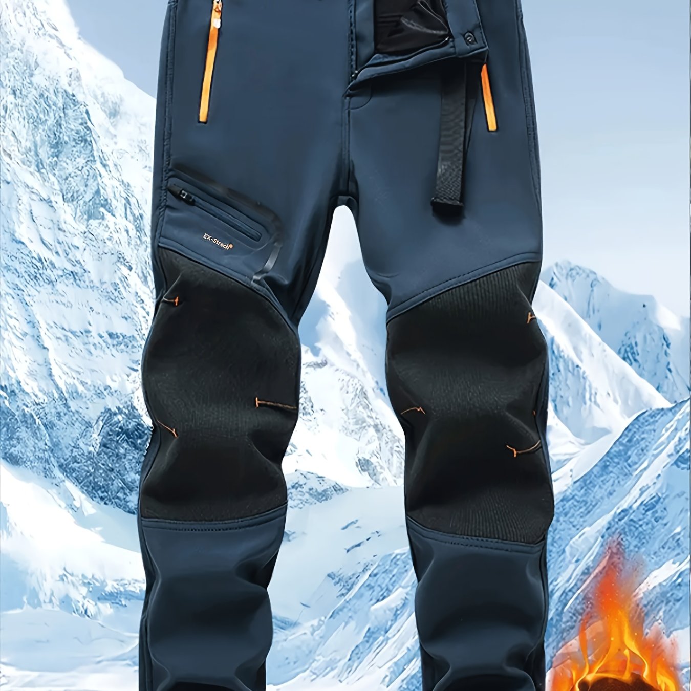 TEMU Men's Warm Cargo Pants With Zippered Pockets - Olive Green, Black, And Yellow Accents, Ideal For Winter Outdoor Activities And Casual Wear With