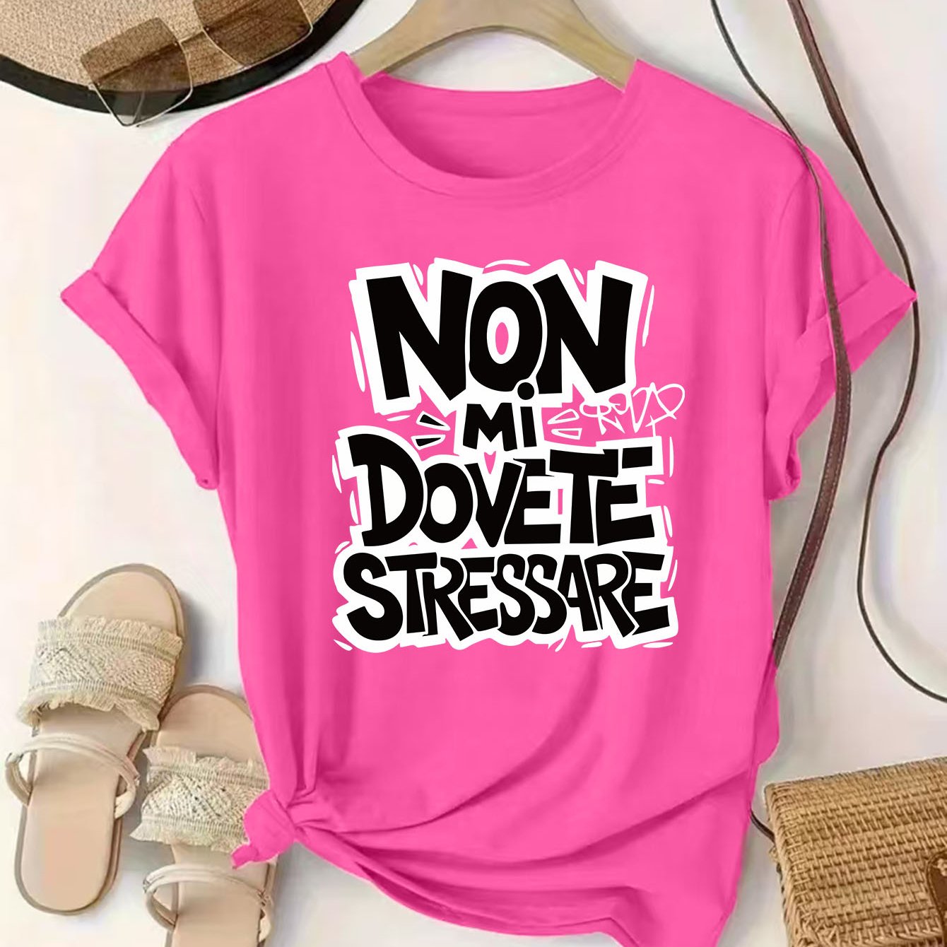 TEMU Street Style Non Mi Dovete Stressare Letter Print T-shirt, Women's Loose Short Sleeve Top
